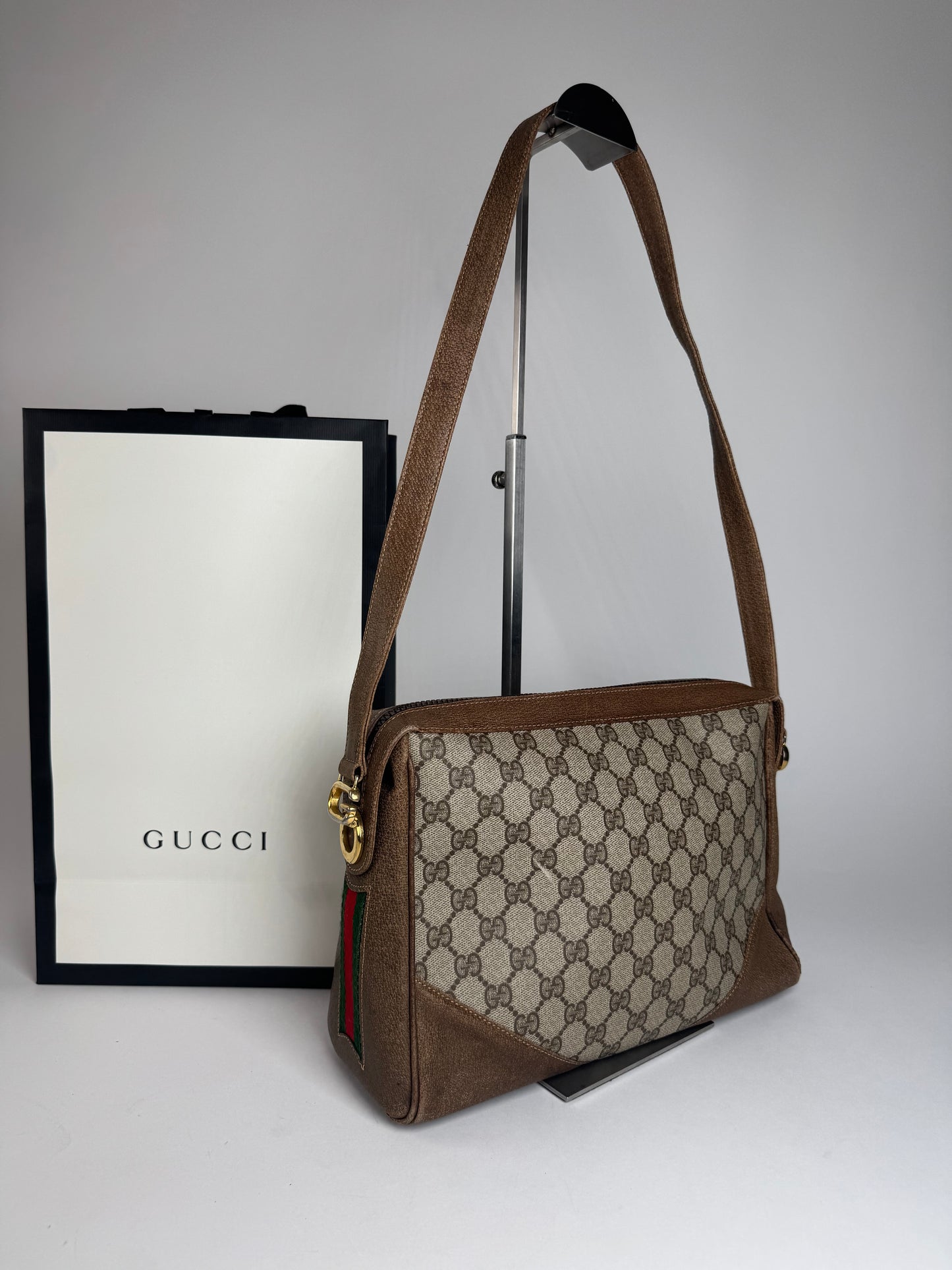Vintage Gucci Monogram Leather Bag Grey Brown