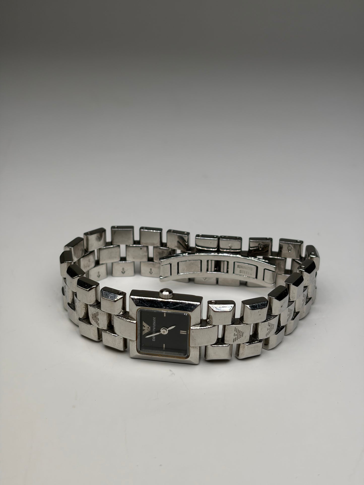 Vintage Emporio Armani Stainless Steel Bracelet Watch Black Dial