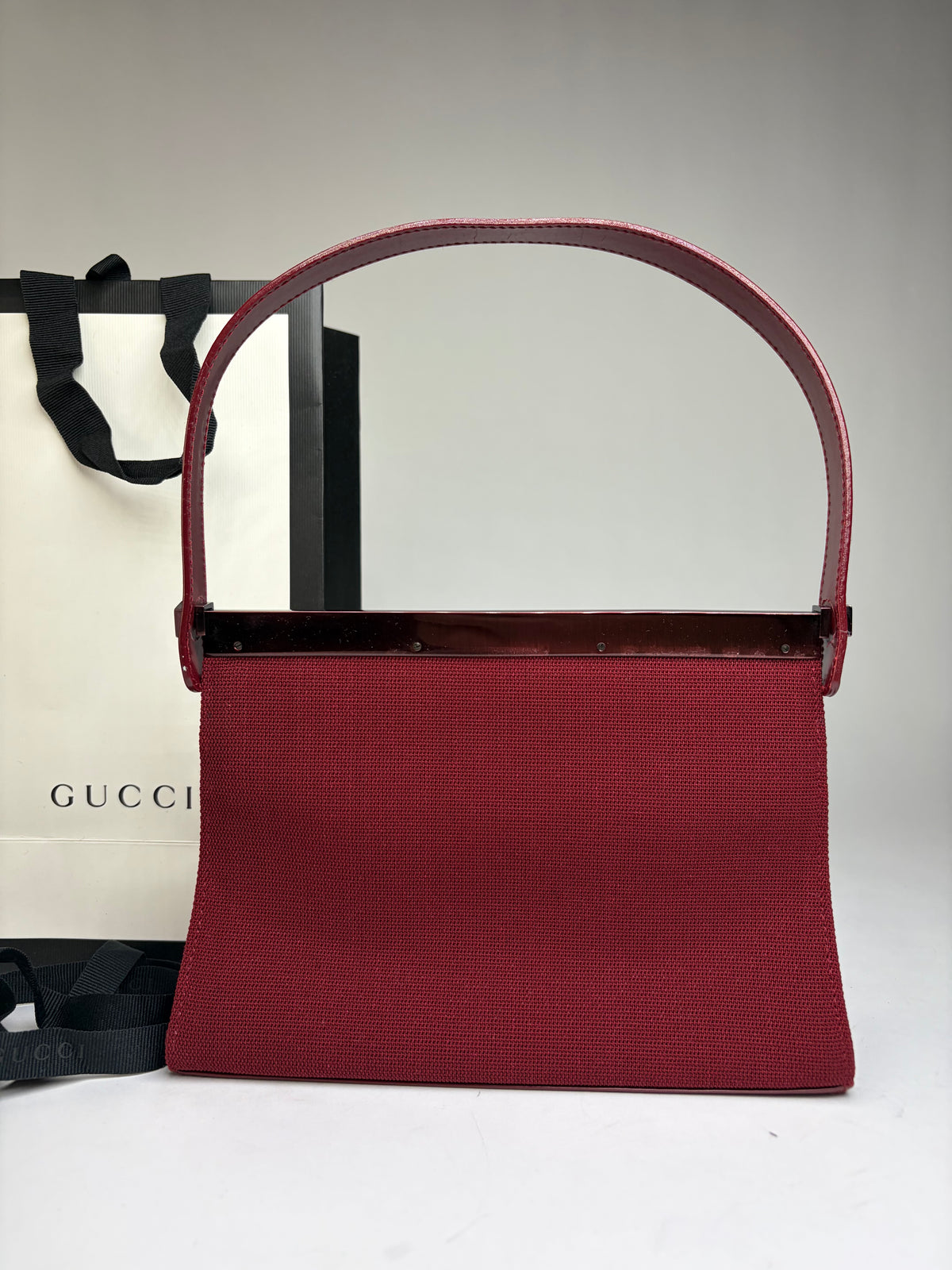 Vintage Gucci Structured Patent Canvas Top-Handle Bag c. 1998 Burgundy