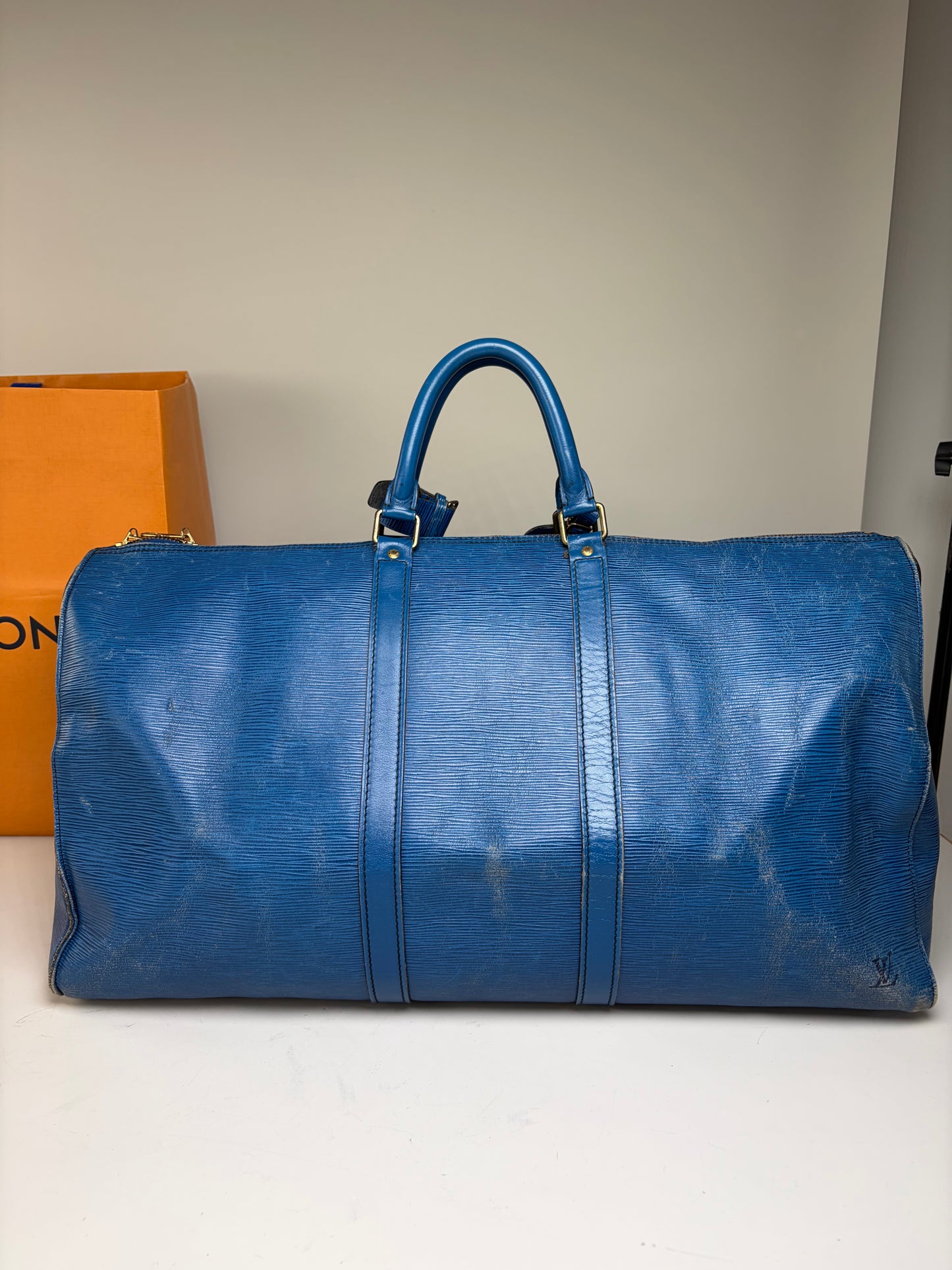 Vintage Louis Vuitton Epi Leather Keepall Travel Bag Blue Gold