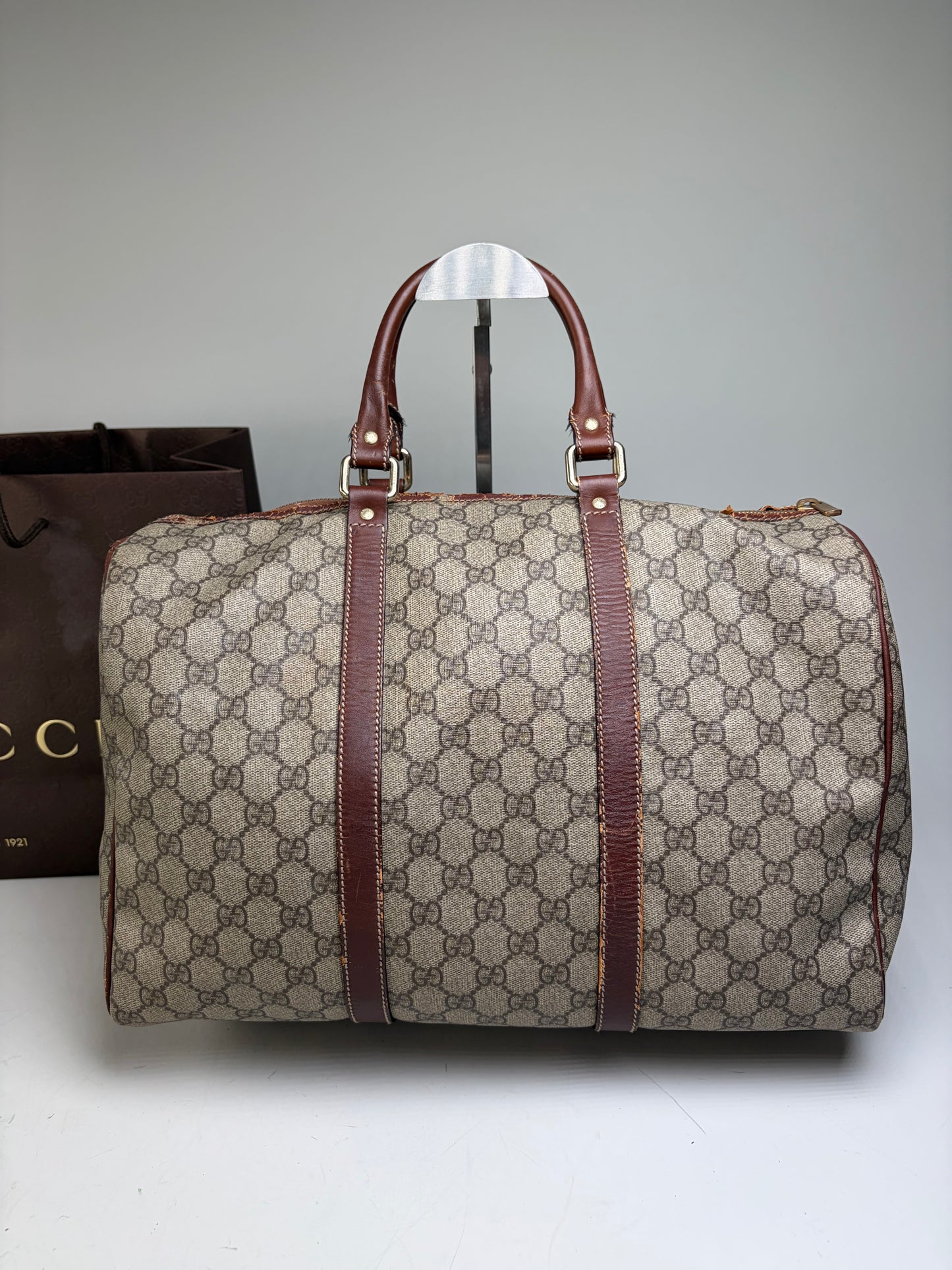 Vintage Gucci GG Supreme Duffle Bag Beige Brown Gold