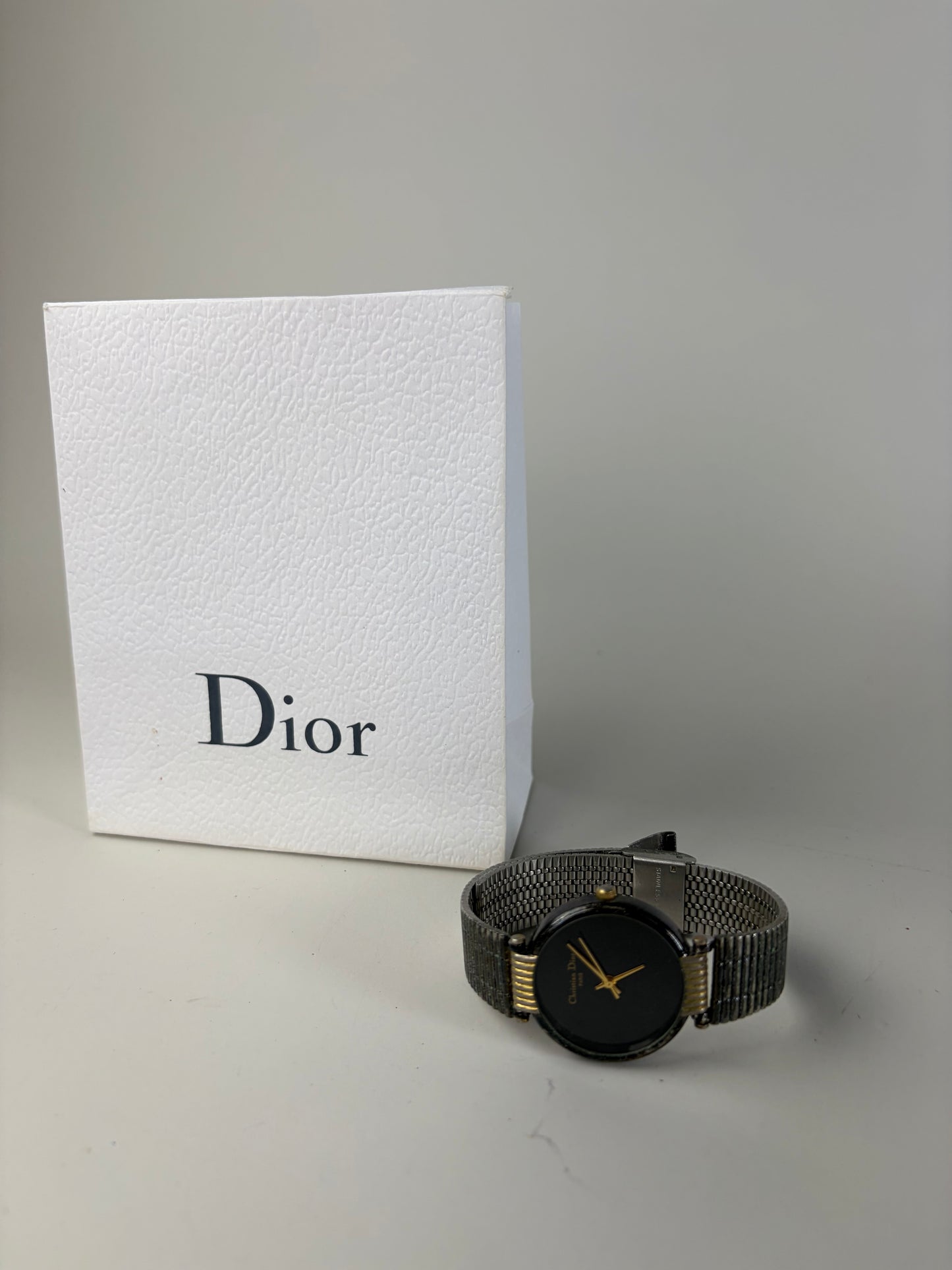 Vintage Dior Stainless Steel Mesh Bracelet Watch Black Gold