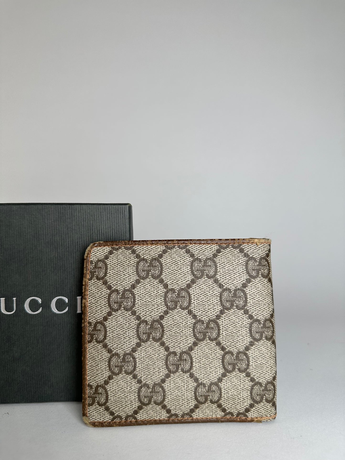Vintage Gucci Monogram Leather Flap Wallet Grey Brown