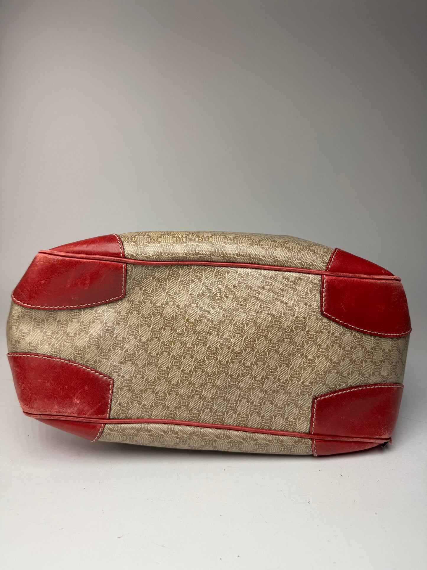 Sac vintage en cuir Céline beige monogramme rouge