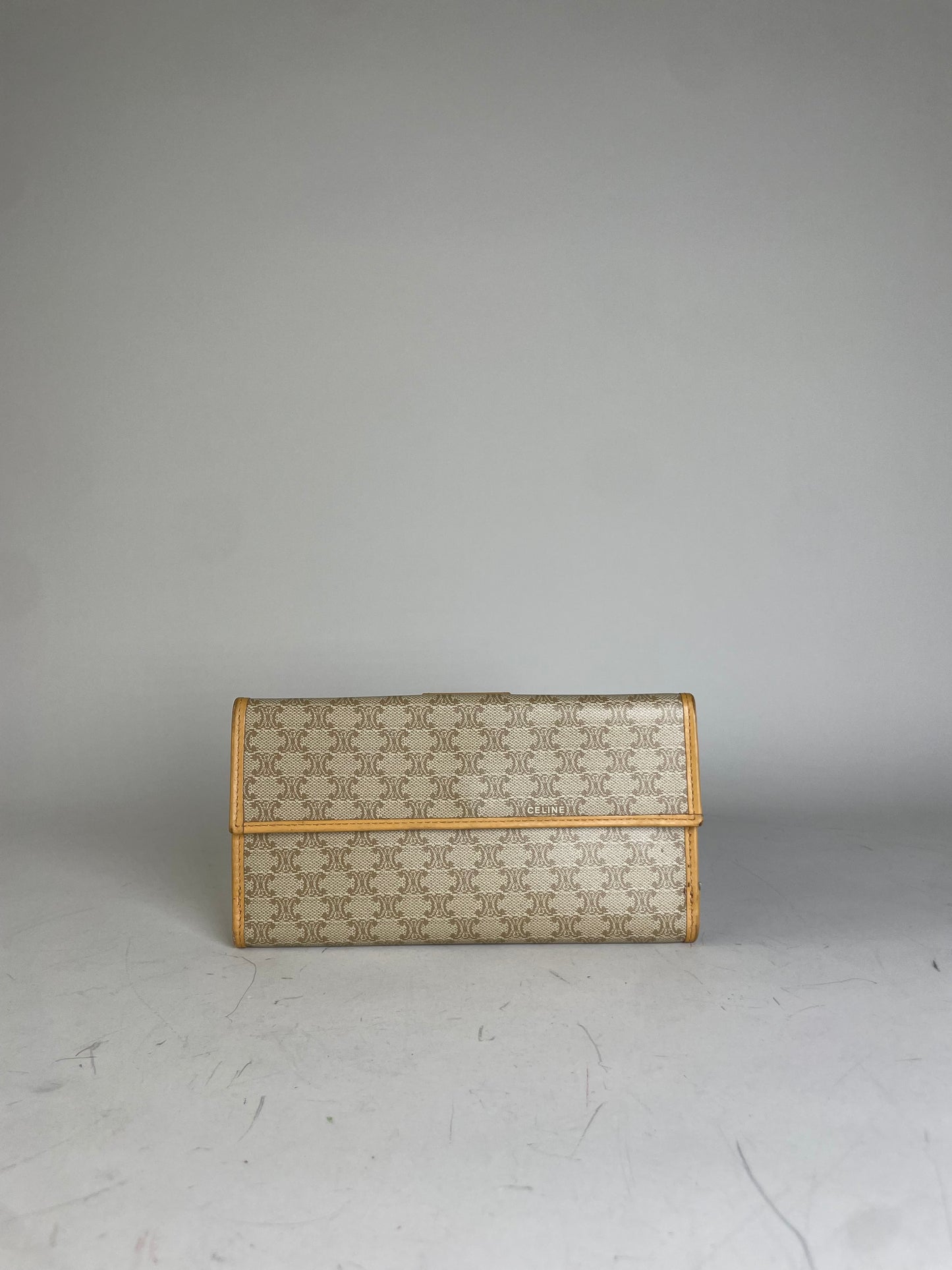 Vintage Celine Canvas Leather Trim Wallet Beige Orange Gold