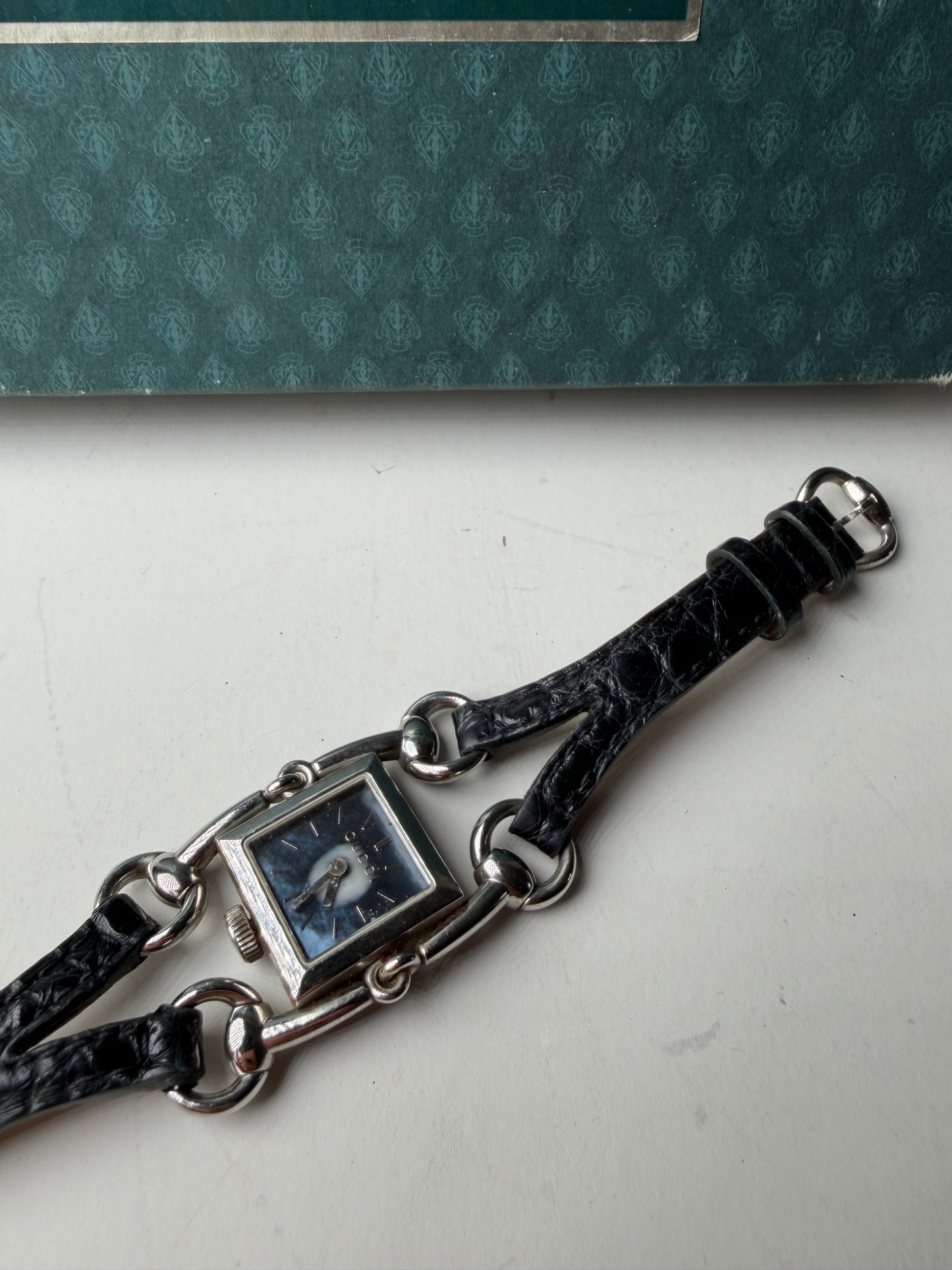 Vintage Gucci Crocodile Leather Strap Watch Black Silver