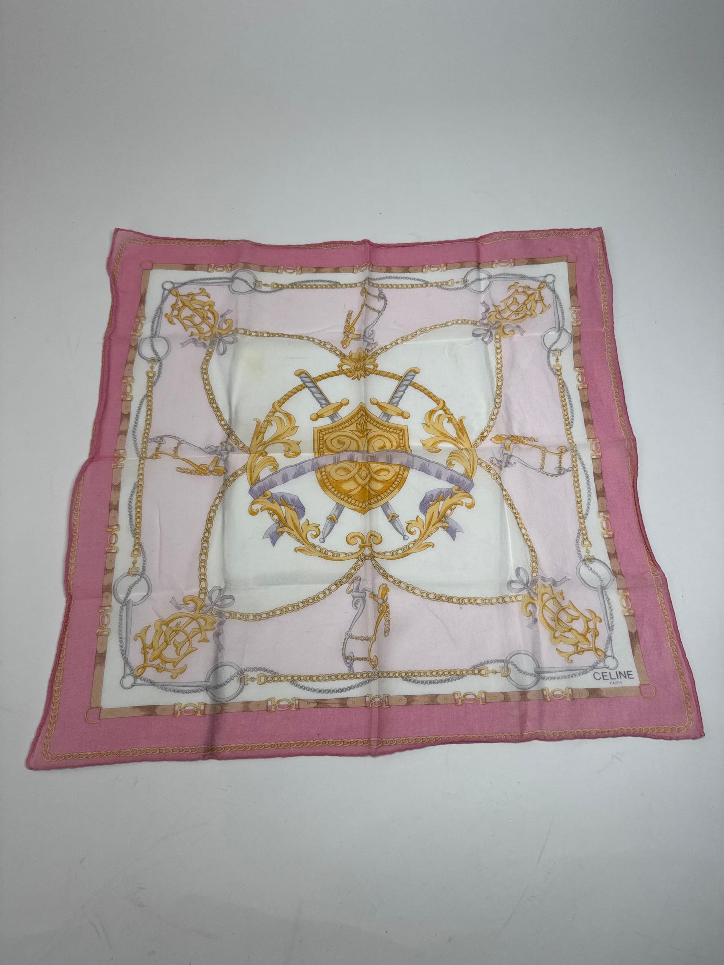 Vintage Celine Sword And Chield Scarf White Pink