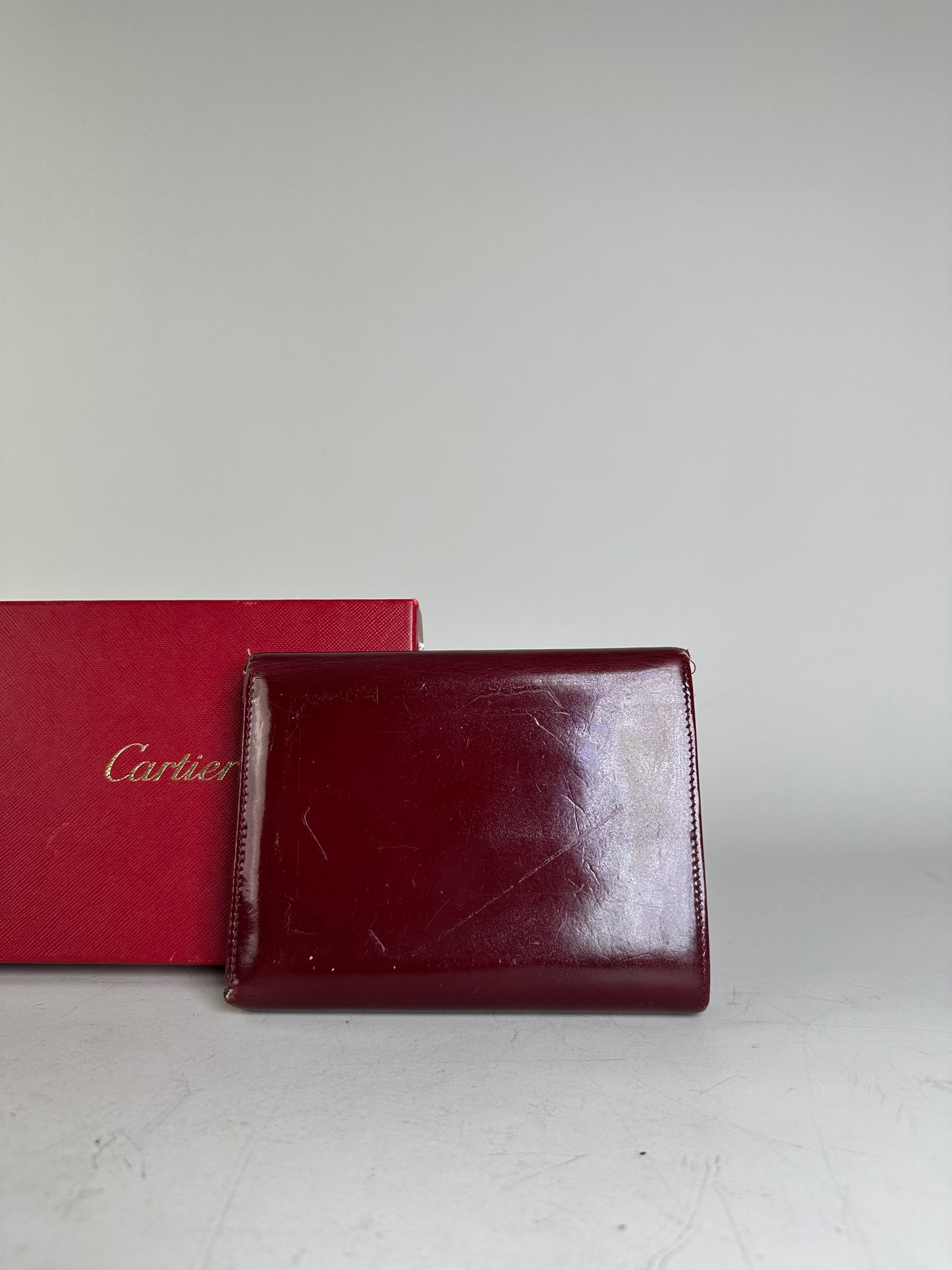 Vintage Cartier Patent Leather Wallet Burgundy Silver