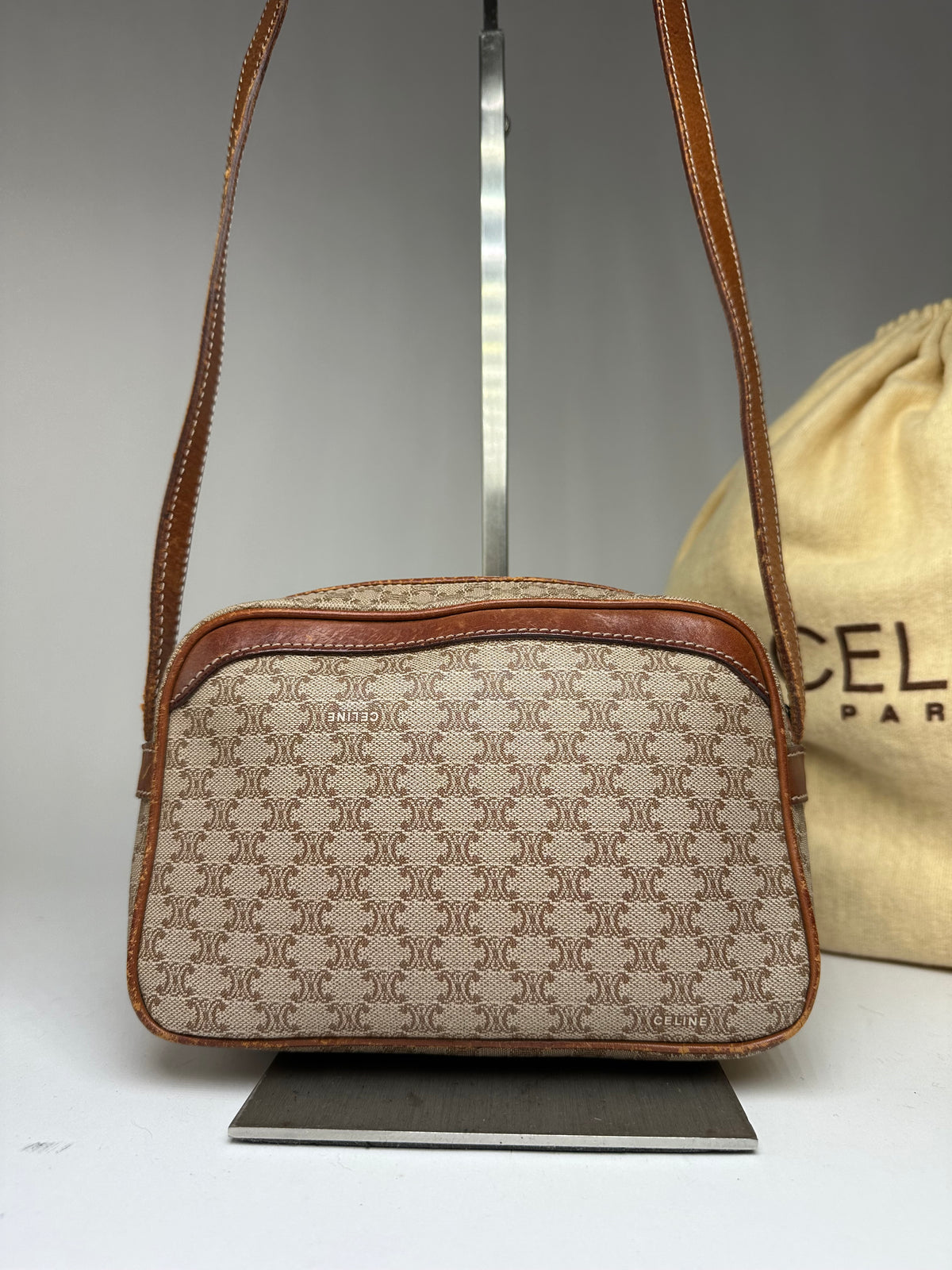 Vintage Celine Macadam Canvas Crossbody Bag Late 1980s Beige Brown