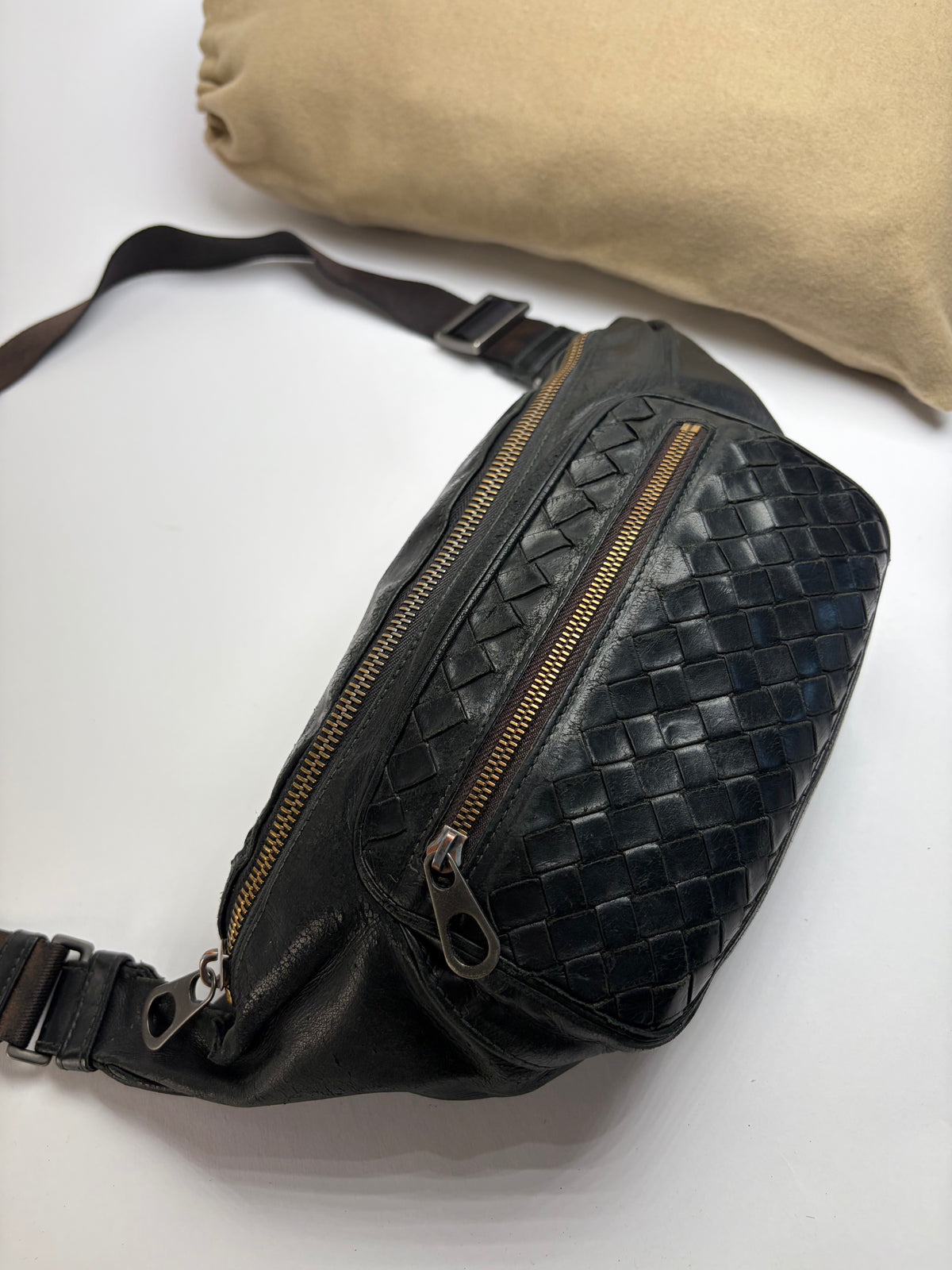 Vintage Bottega Veneta Intrecciato Leather Waist Bag Early 2000s Black