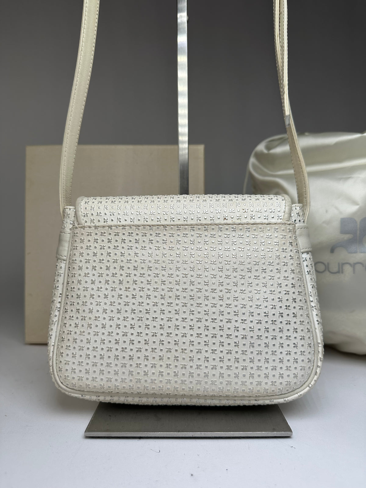 Vintage Courreges Perforated Leather Flap Crossbody Bag c. Late 1970s Cream