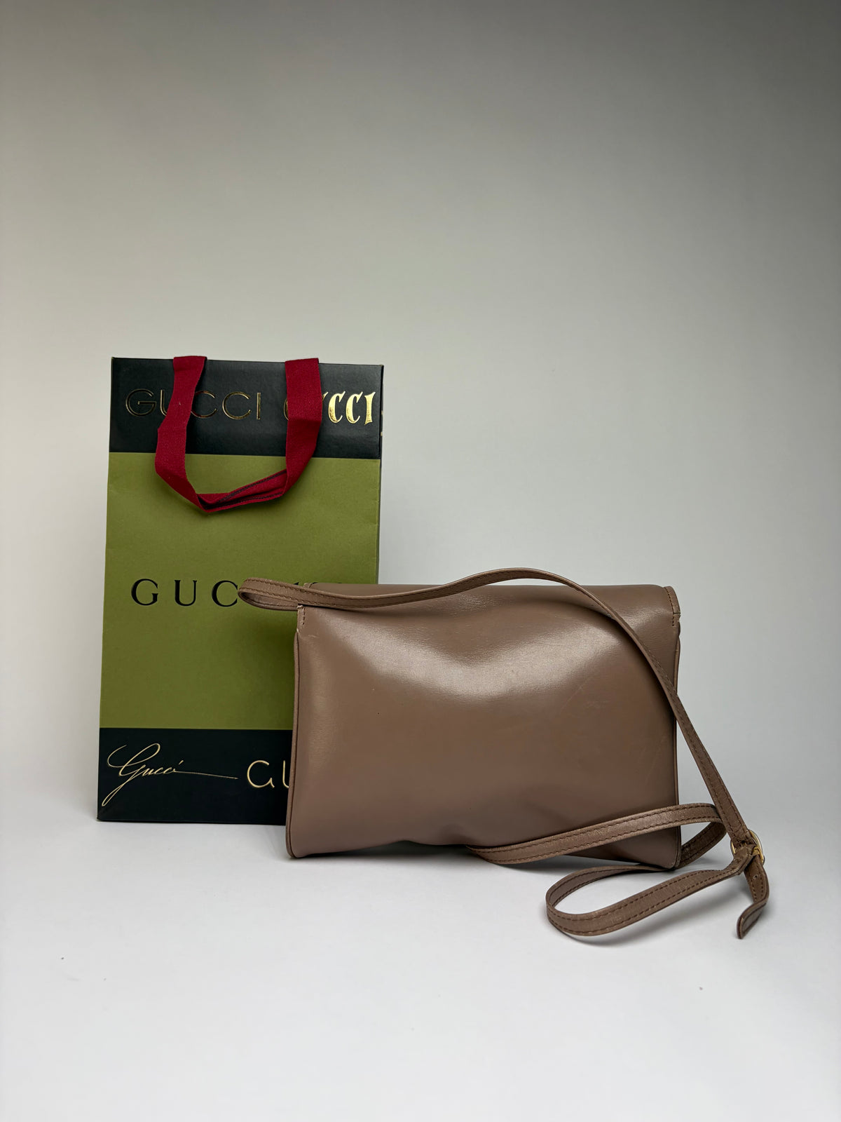 Vintage Gucci Flap Crossbody Bag Late 1980s Taupe Gold