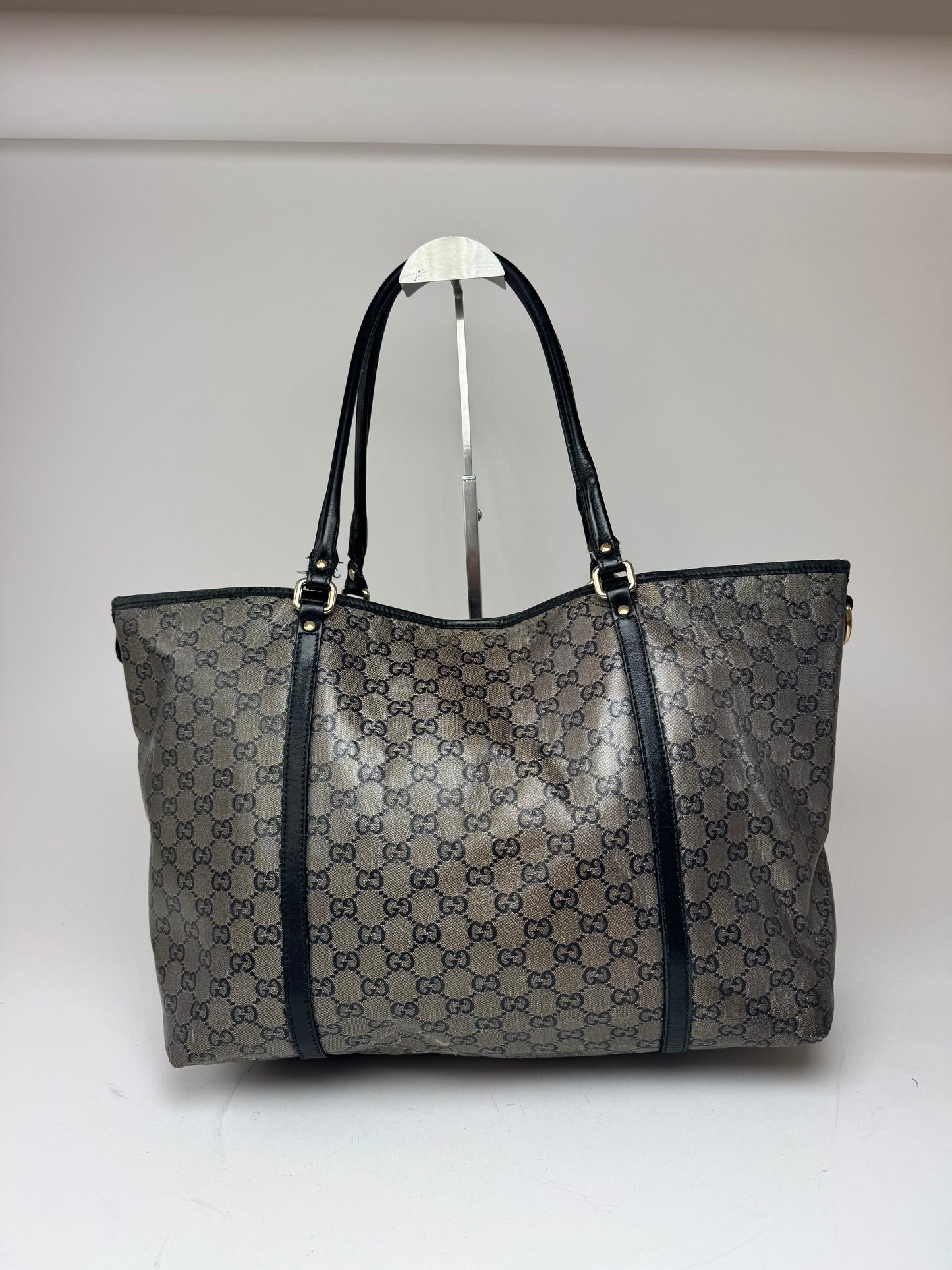 Vintage Gucci Monogram Leather Tote Bag Black Grey