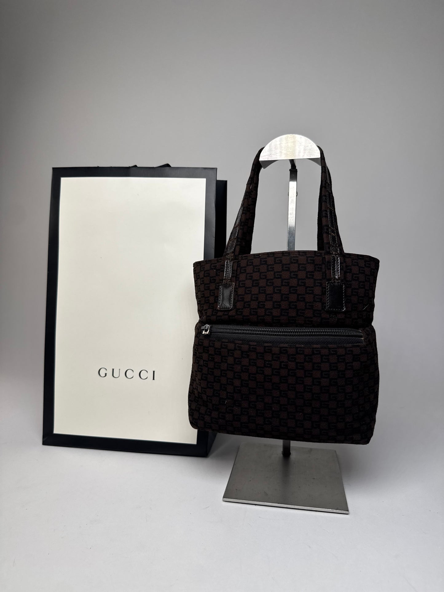 Vintage Gucci G Monogram Wool Leather Mini Tote Bag Brown