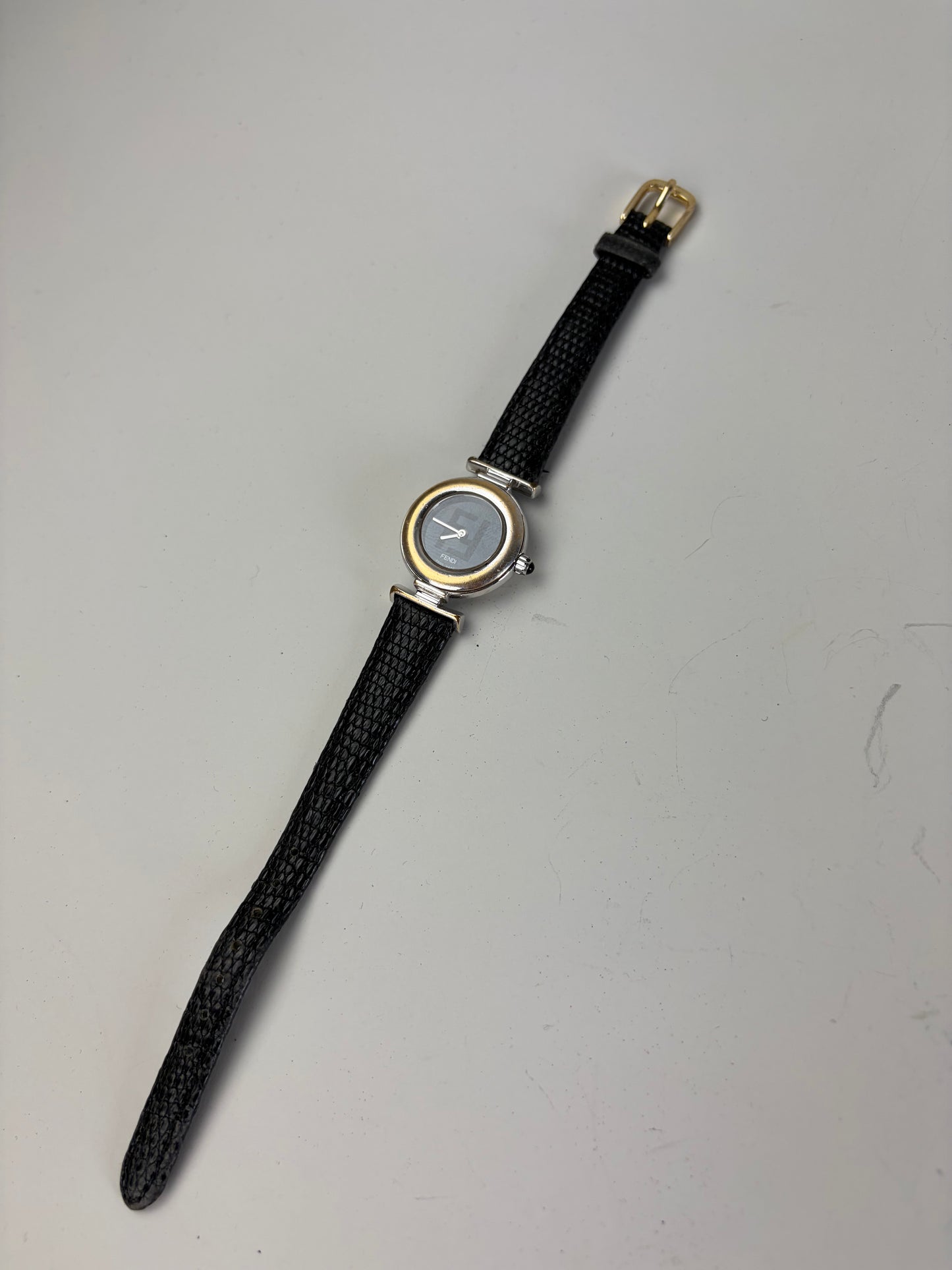 Vintage Fendi Leather Strap Stainless Steel Watch Black Silver