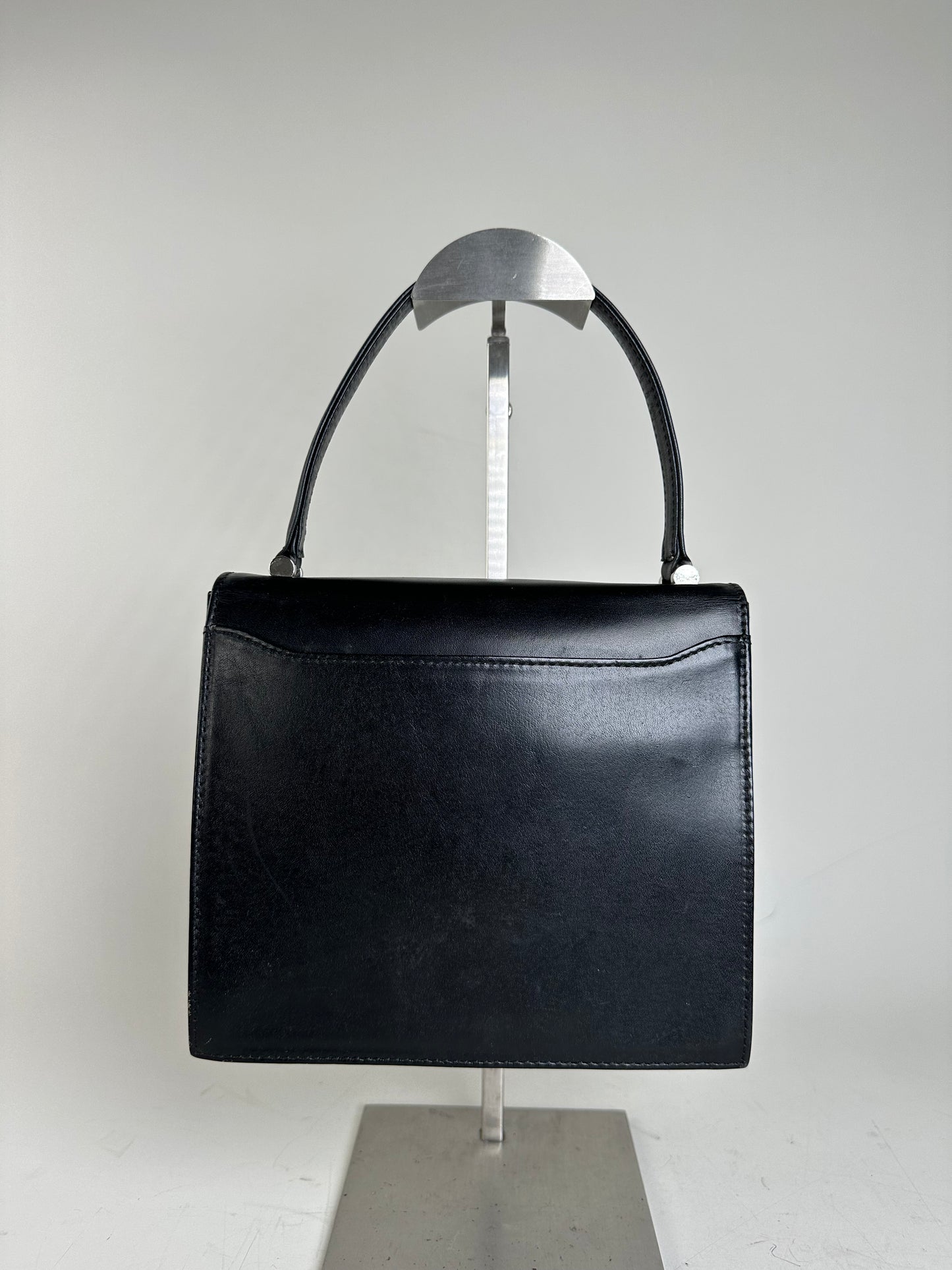 Vintage Courreges Structured Leather Handbag Black Silver