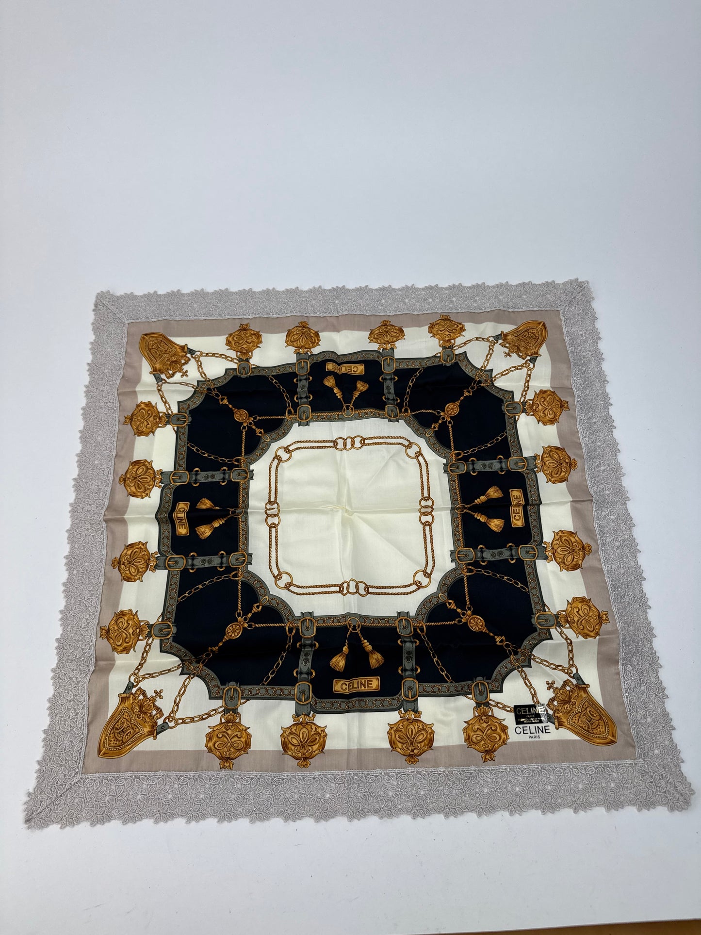 Vintage Celine Scarf grey white black gold