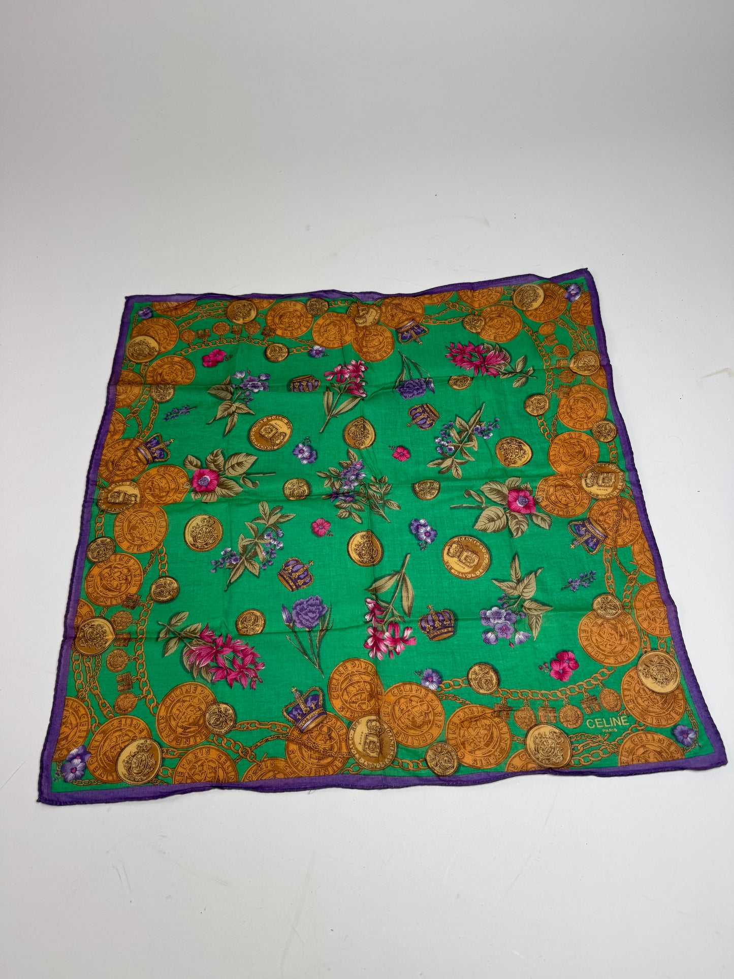 Vintage Celine Scarf Green Purple Gold