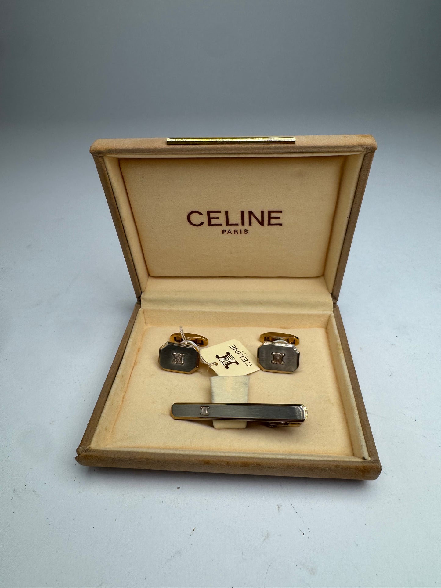 Vintage Celine Paris Triomphe Logo Metal Clamp, cufflinks Set Silver Gold