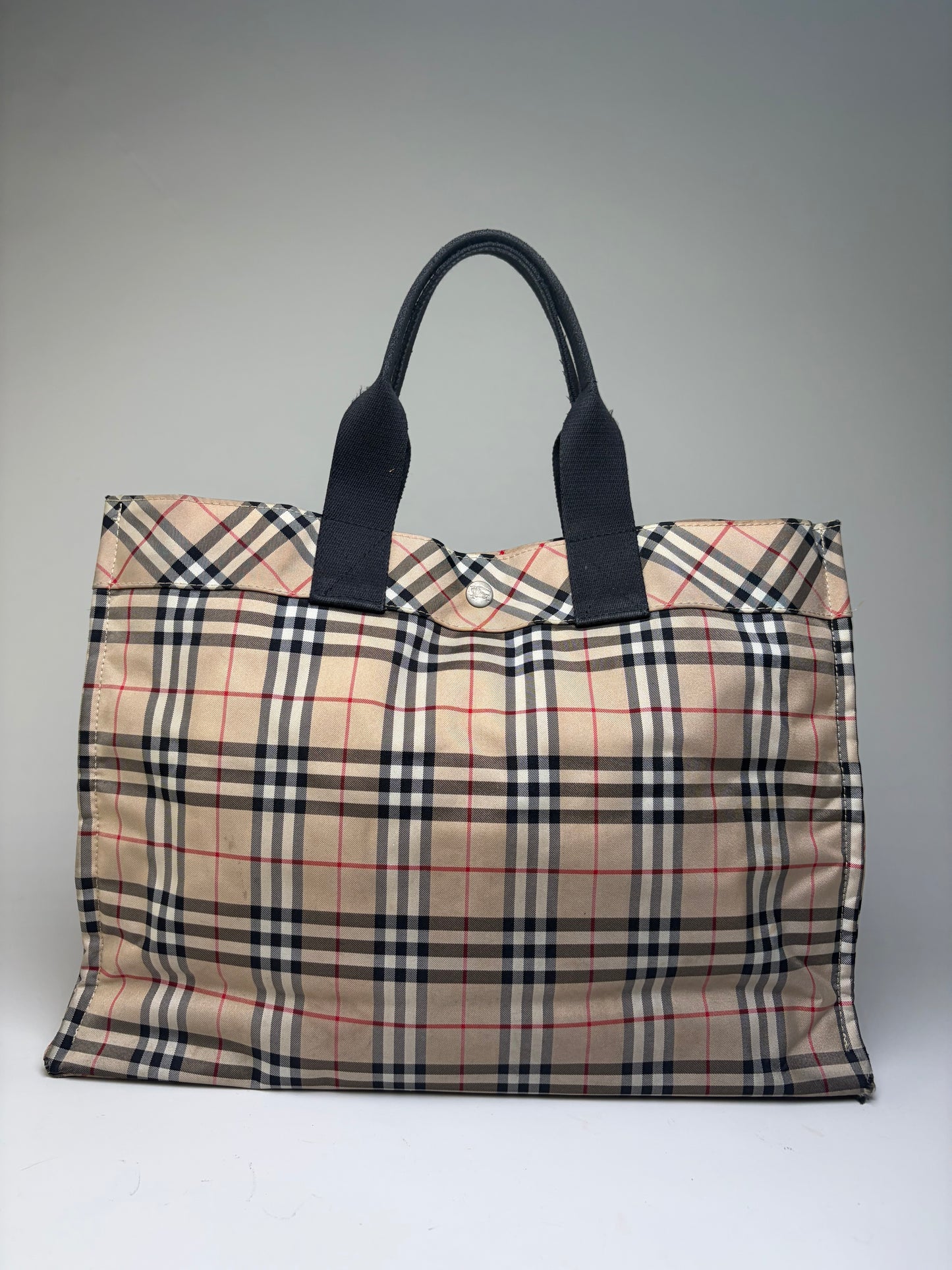 Vintage Burberry Tartan Coated Canvas Tote Beige Navy