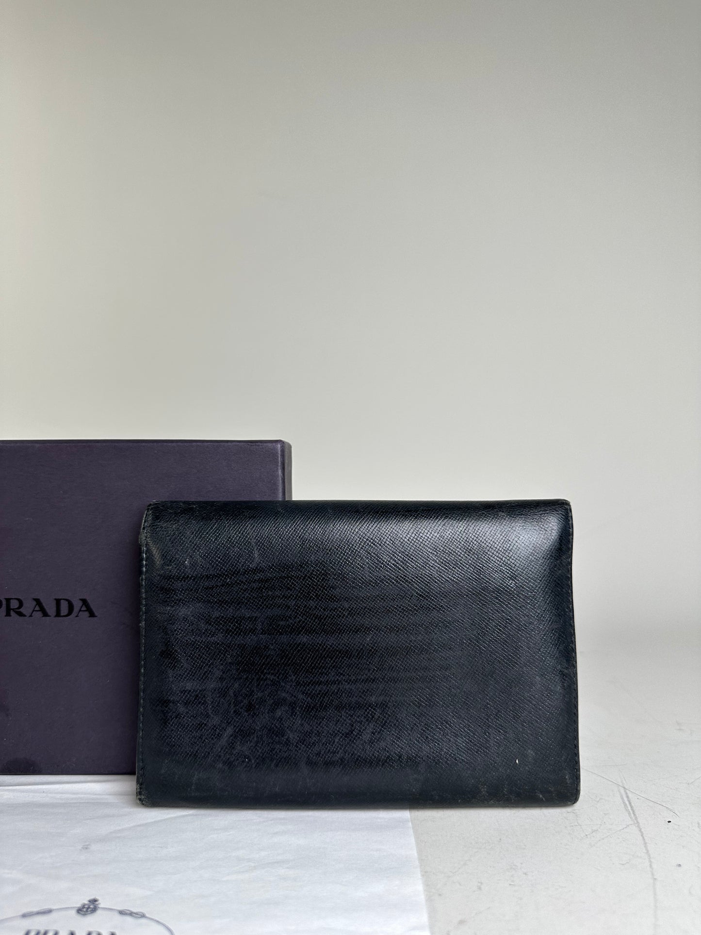 Vintage Prada Saffiano Leather Wallet Black Silver