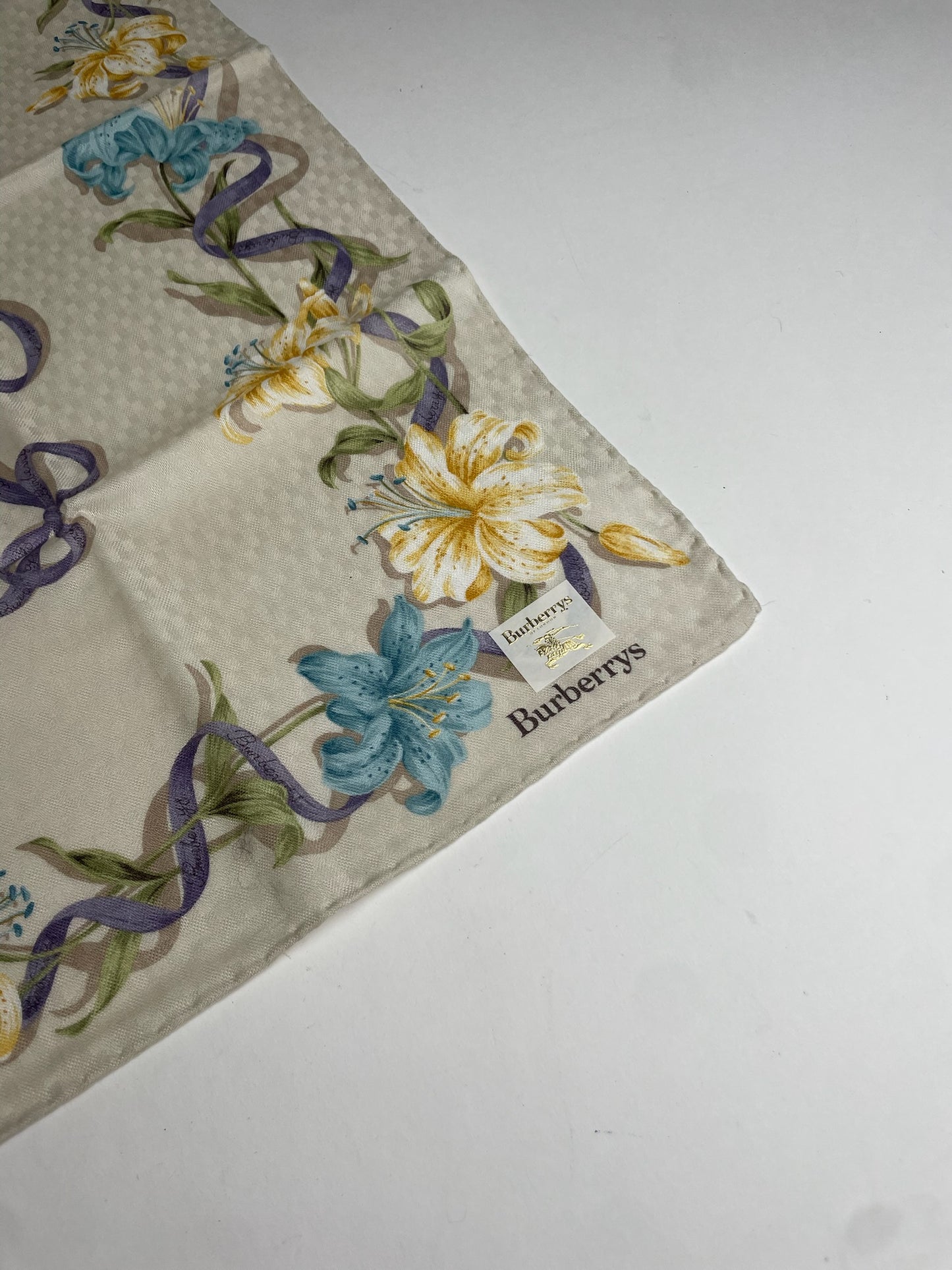 Vintage Burberry Floral Scarf Beige Yellow Blue