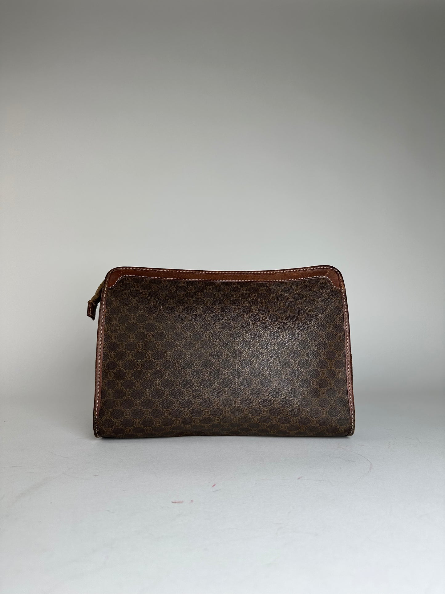 Vintage Celine Paris Triomphe Monogram Leather Clutch Brown