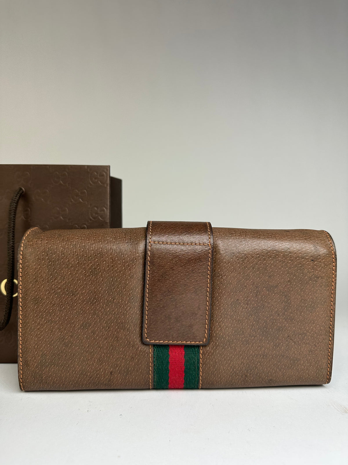 Vintage Gucci Bifold Wallet Brown Green Red Stripe