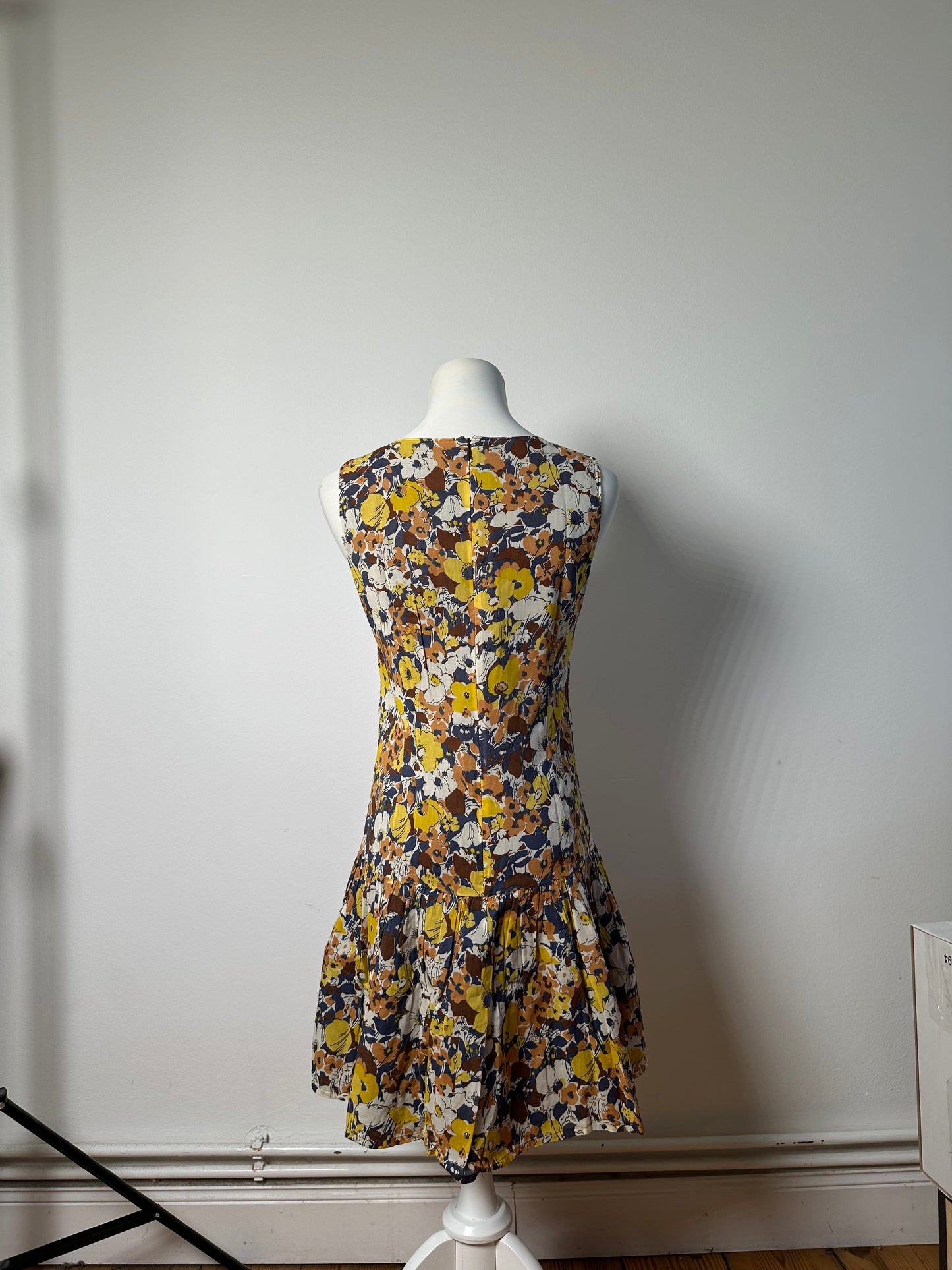 Vintage Burberry Pleated Midi Dress Yellow Brown Navy M