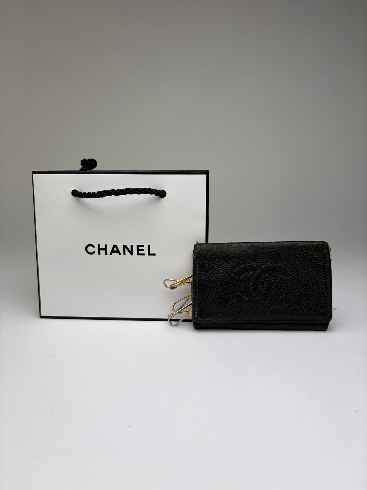 Vintage Chanel Textured Leather Card Holder Late 1990s Black Gold
