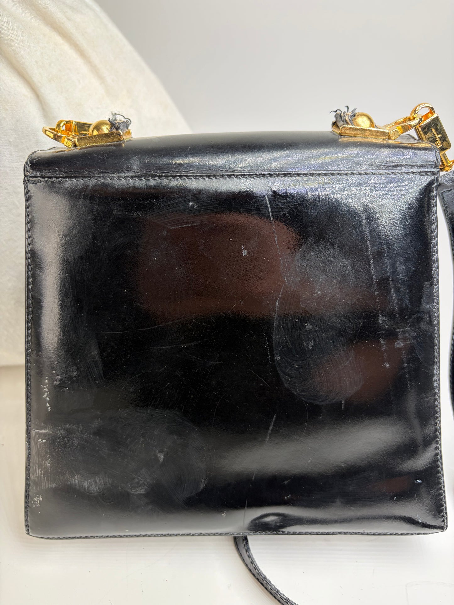 Vintage Ferragamo Patent Leather Flap Crossbody Bag Black Gold