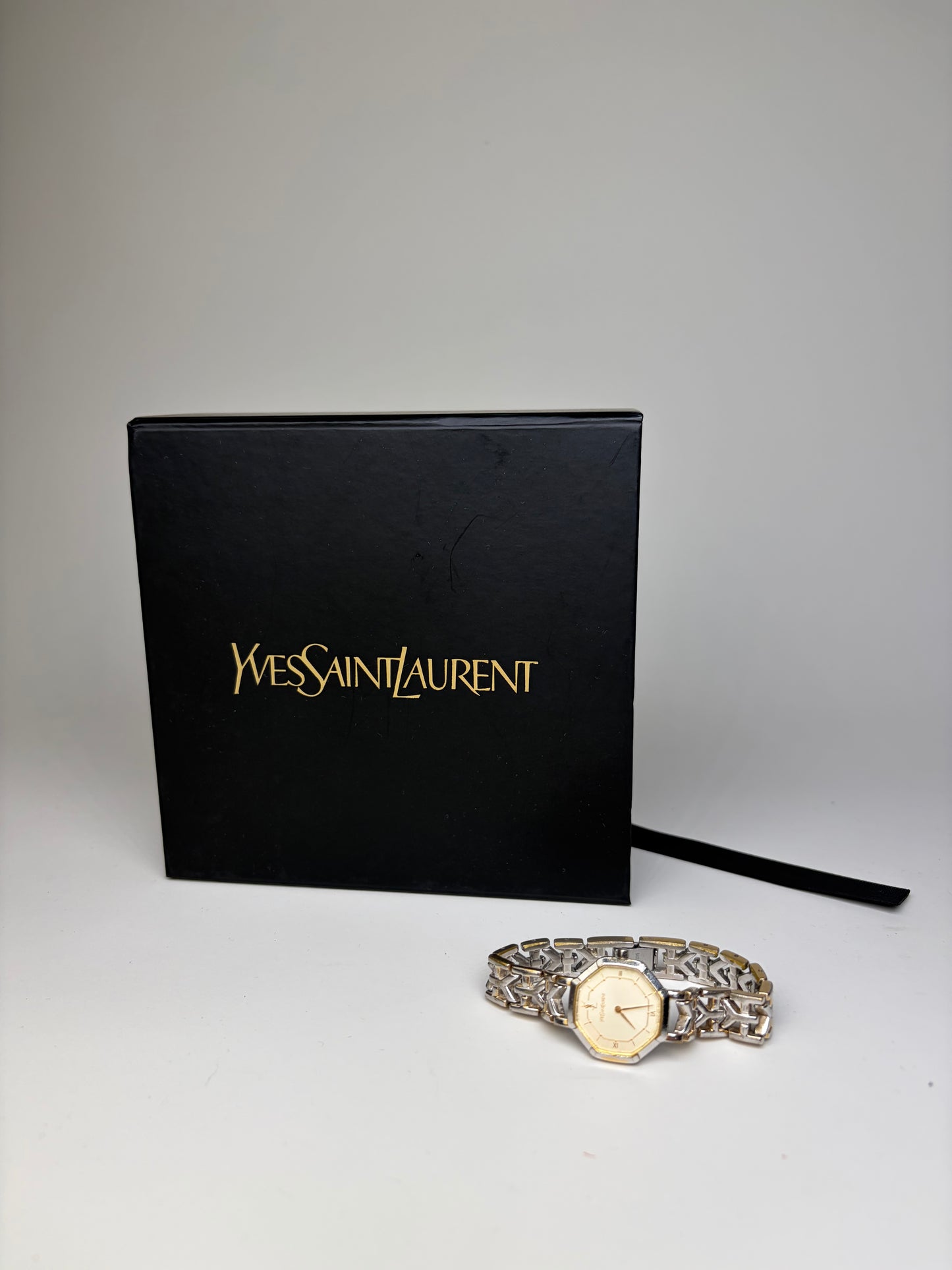 Vintage Yves Saint Laurent Octagonal Bracelet Watch Silver Gold Cream