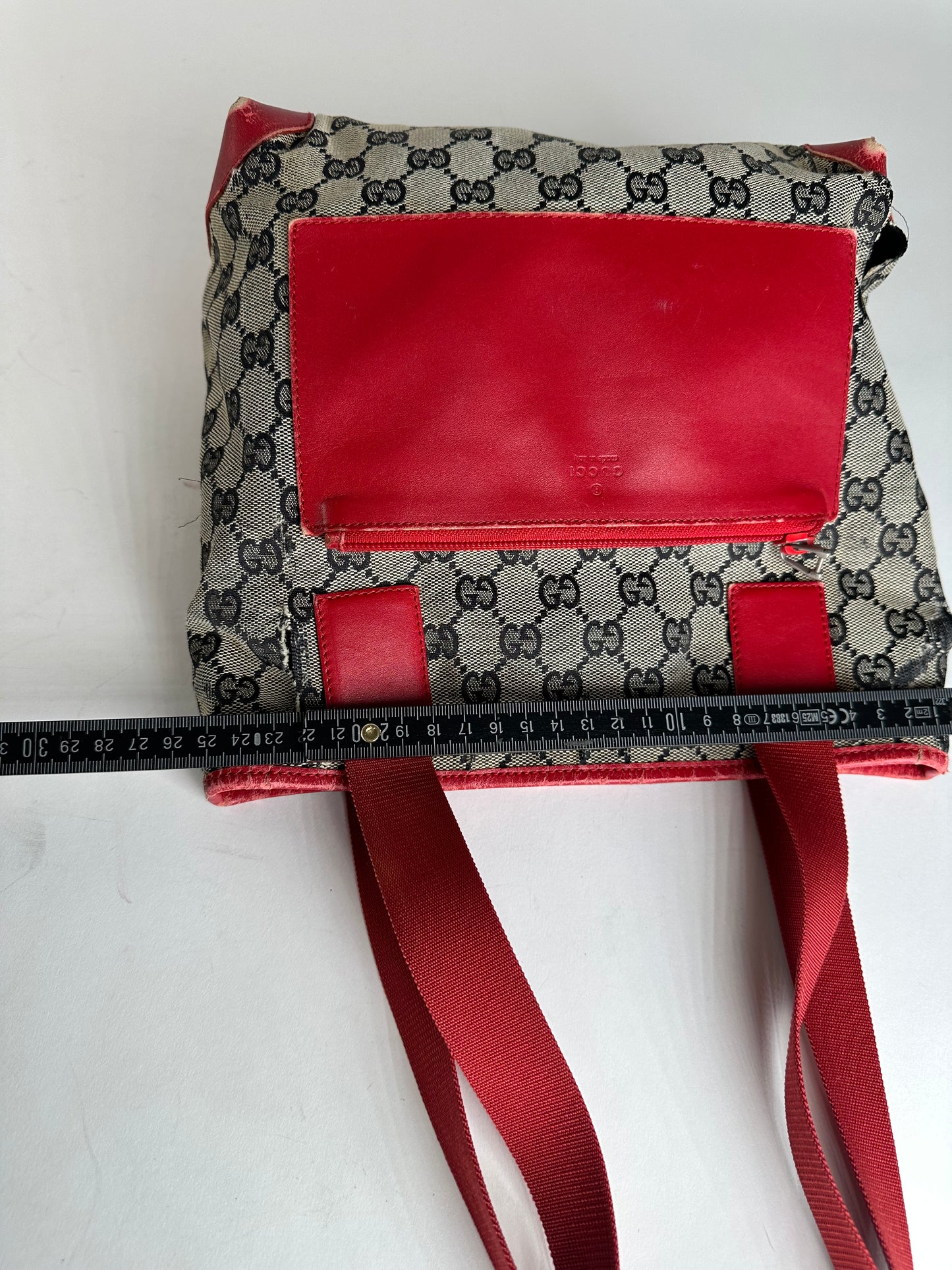 Vintage Gucci Monogram Leather Canvas Handbag Grey Black Red