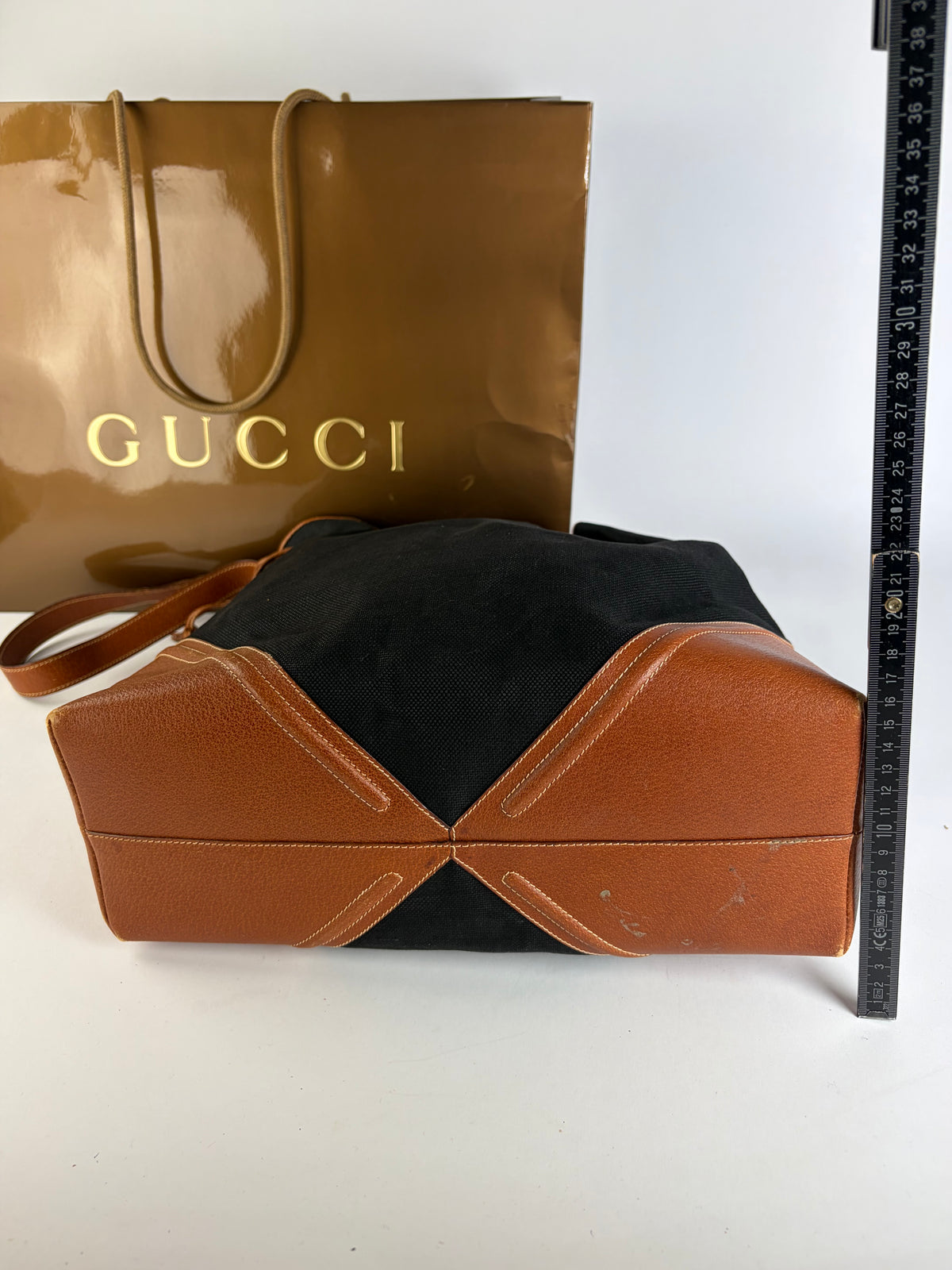 Vintage Gucci Canvas Drawstring Shoulder Bag Late 1990s Black Brown