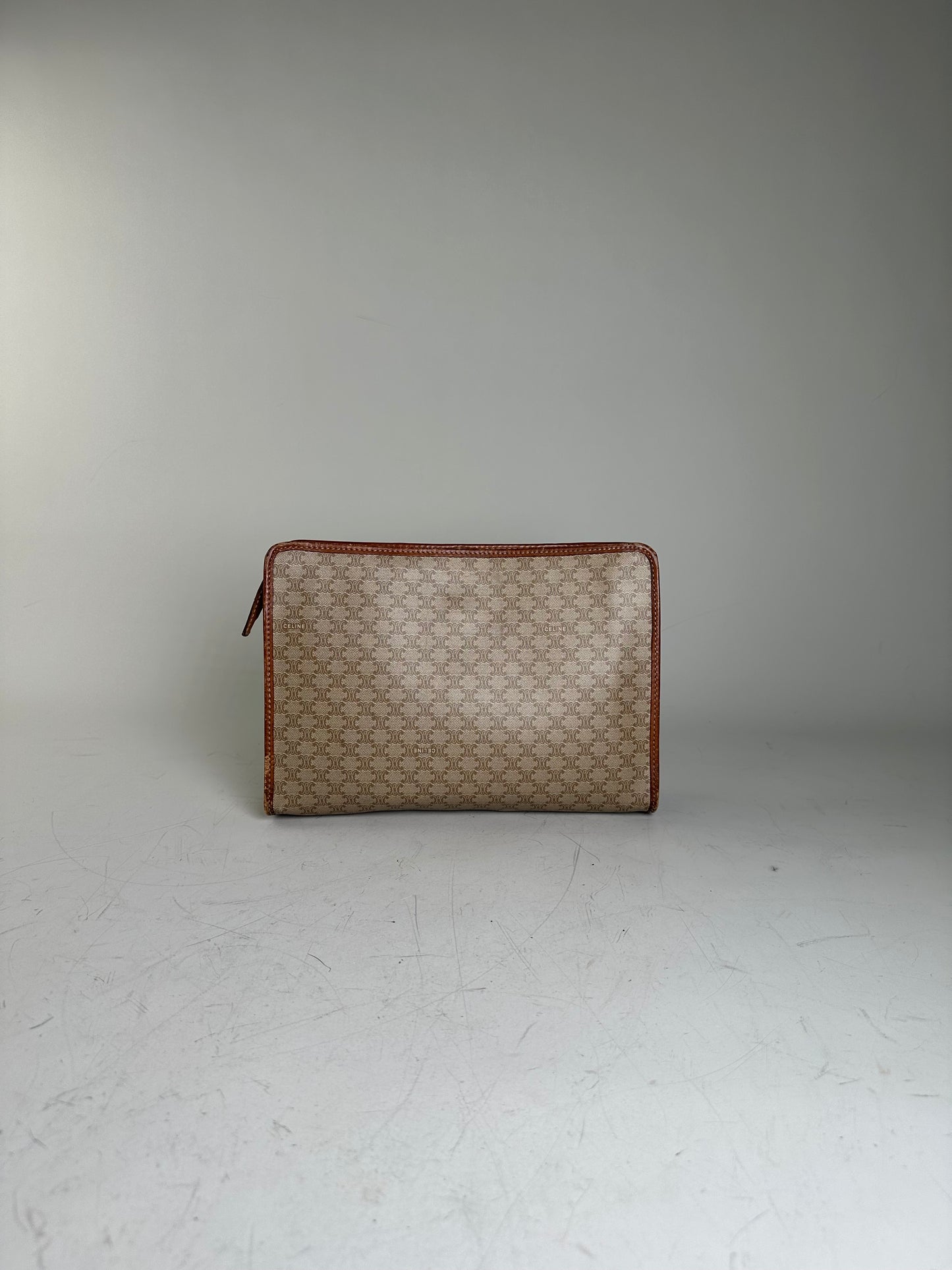 Vintage Celine Monogram Canvas Clutch Beige Tan Gold