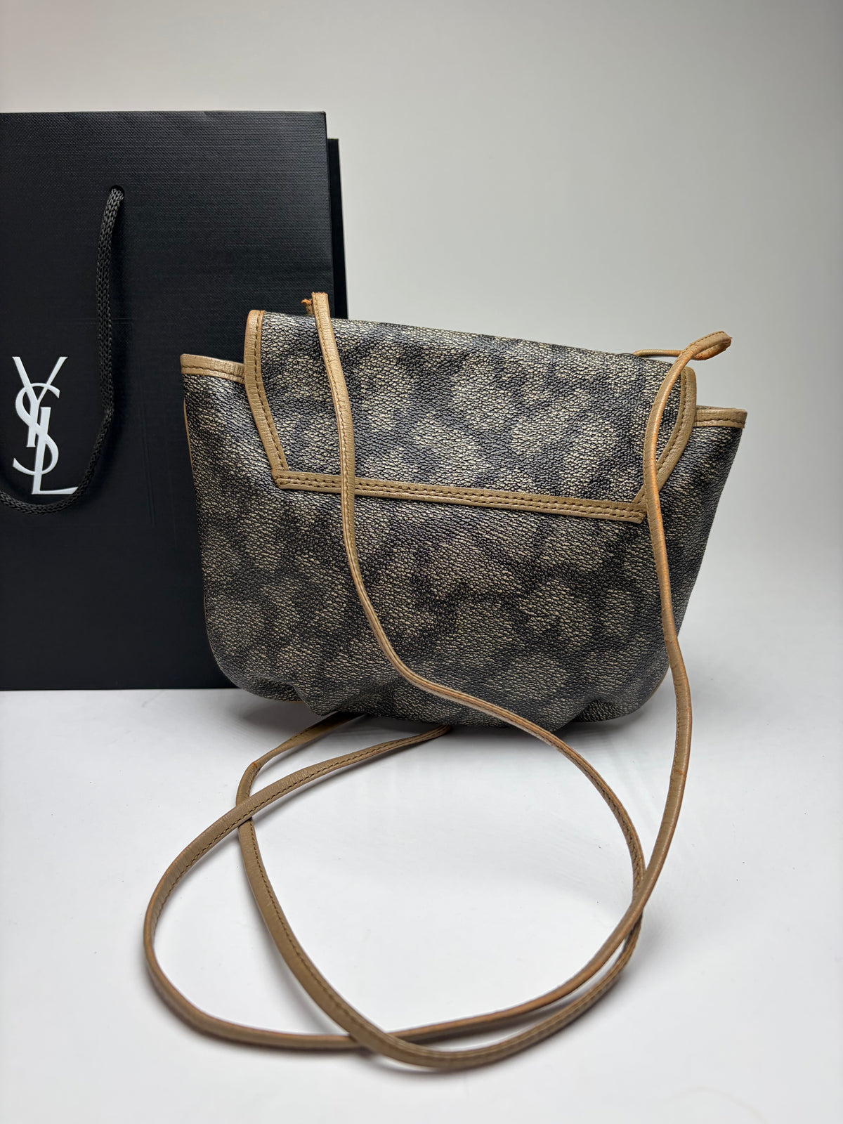 Vintage Yves Saint Laurent Mombasa Leopard Canvas Flap Crossbody Bag Late 1980s Beige Grey