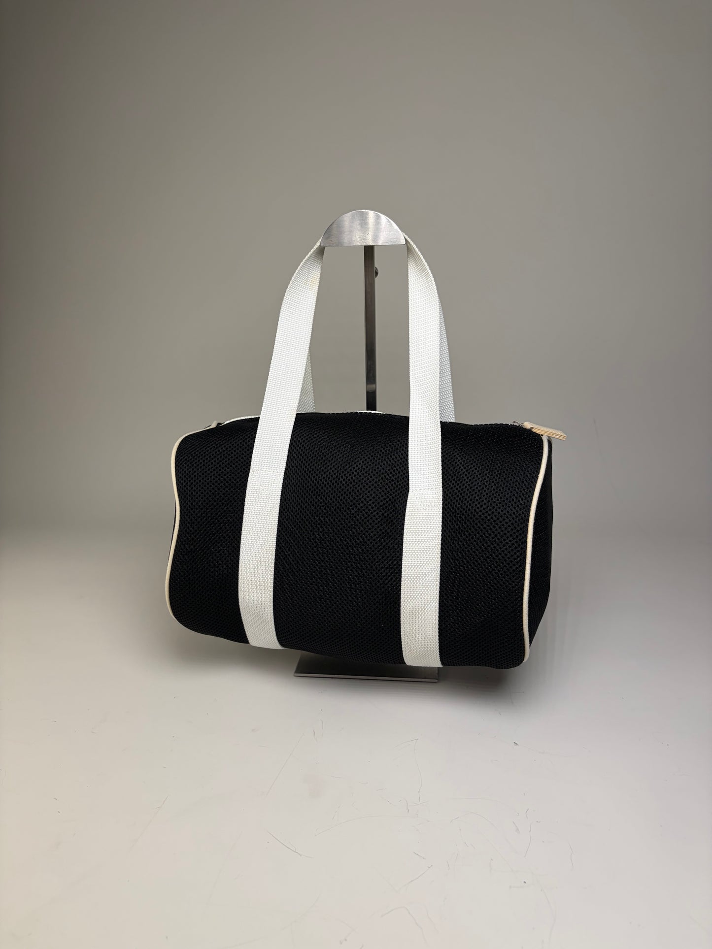 Vintage Courreges Mesh Leather Trim Tote Black White