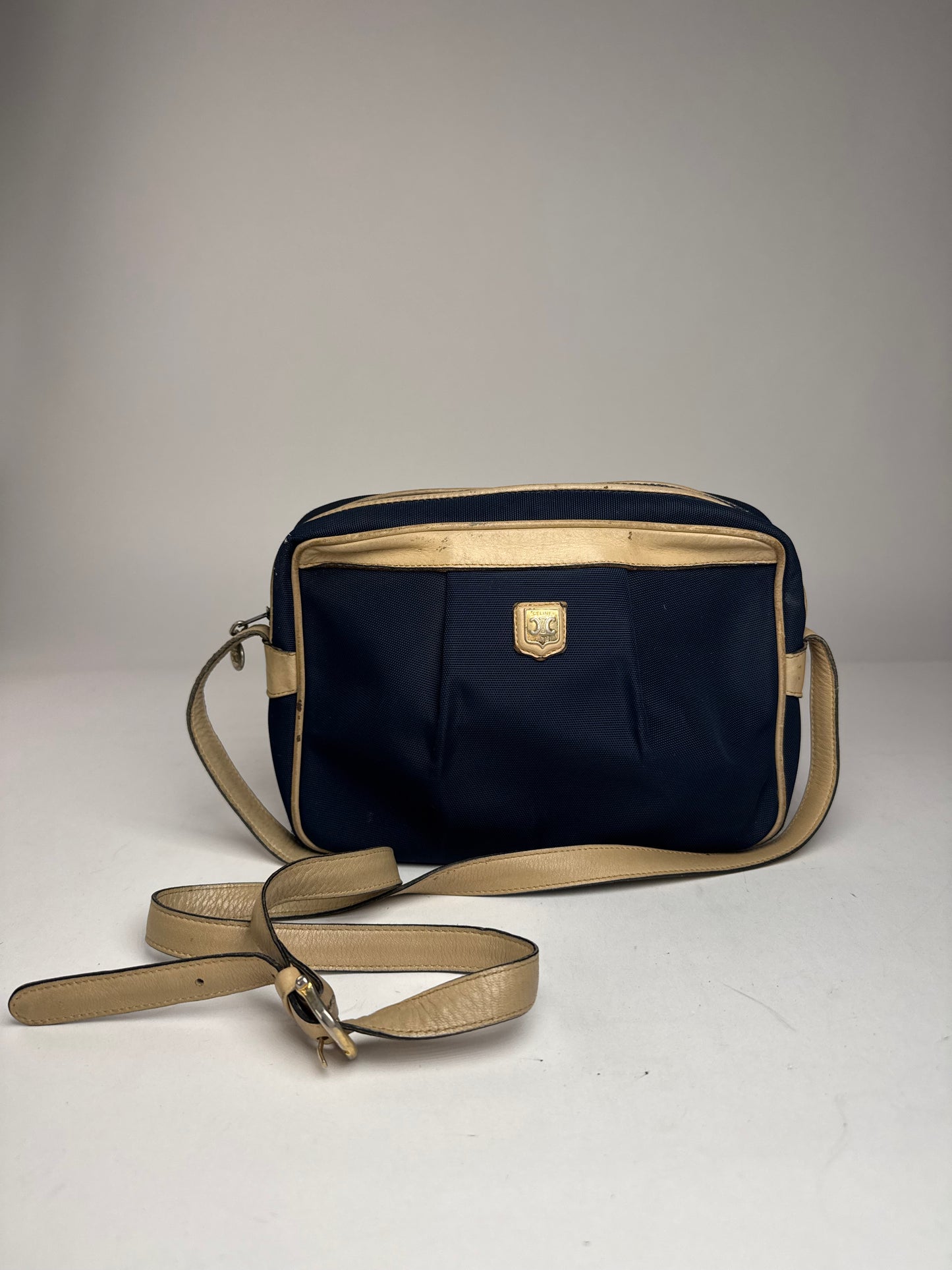 Vintage Celine Triomphe Shoulder Leather Polyester Bag Navy Gold