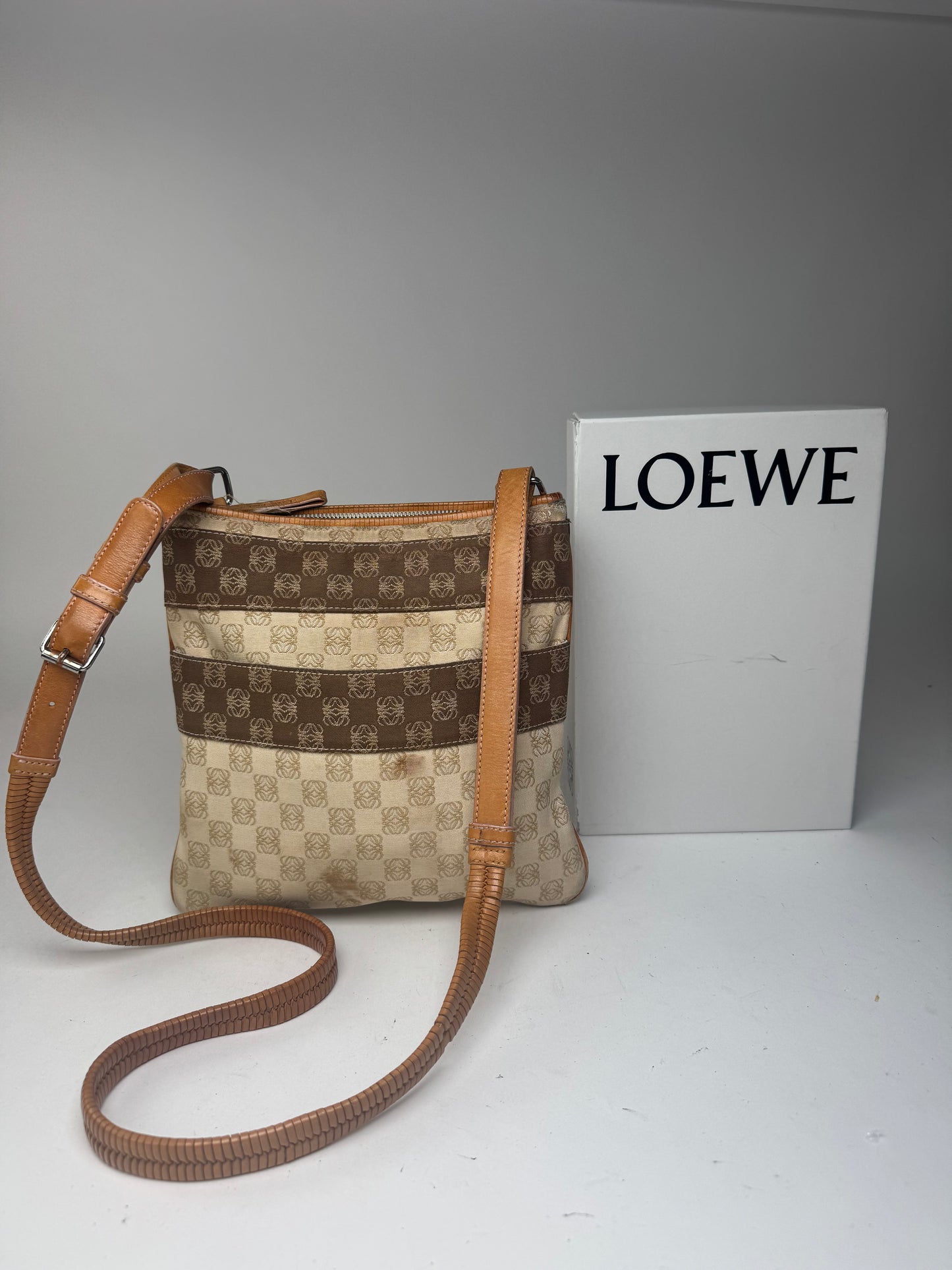 Vintage Loewe Madrid Leather canvas monogram Shoulder bag beige brown