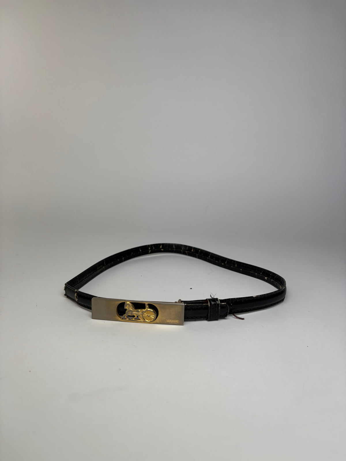 Vintage Celine Leather Belt Horse Carriage Buckle Late 1970s Black Gold