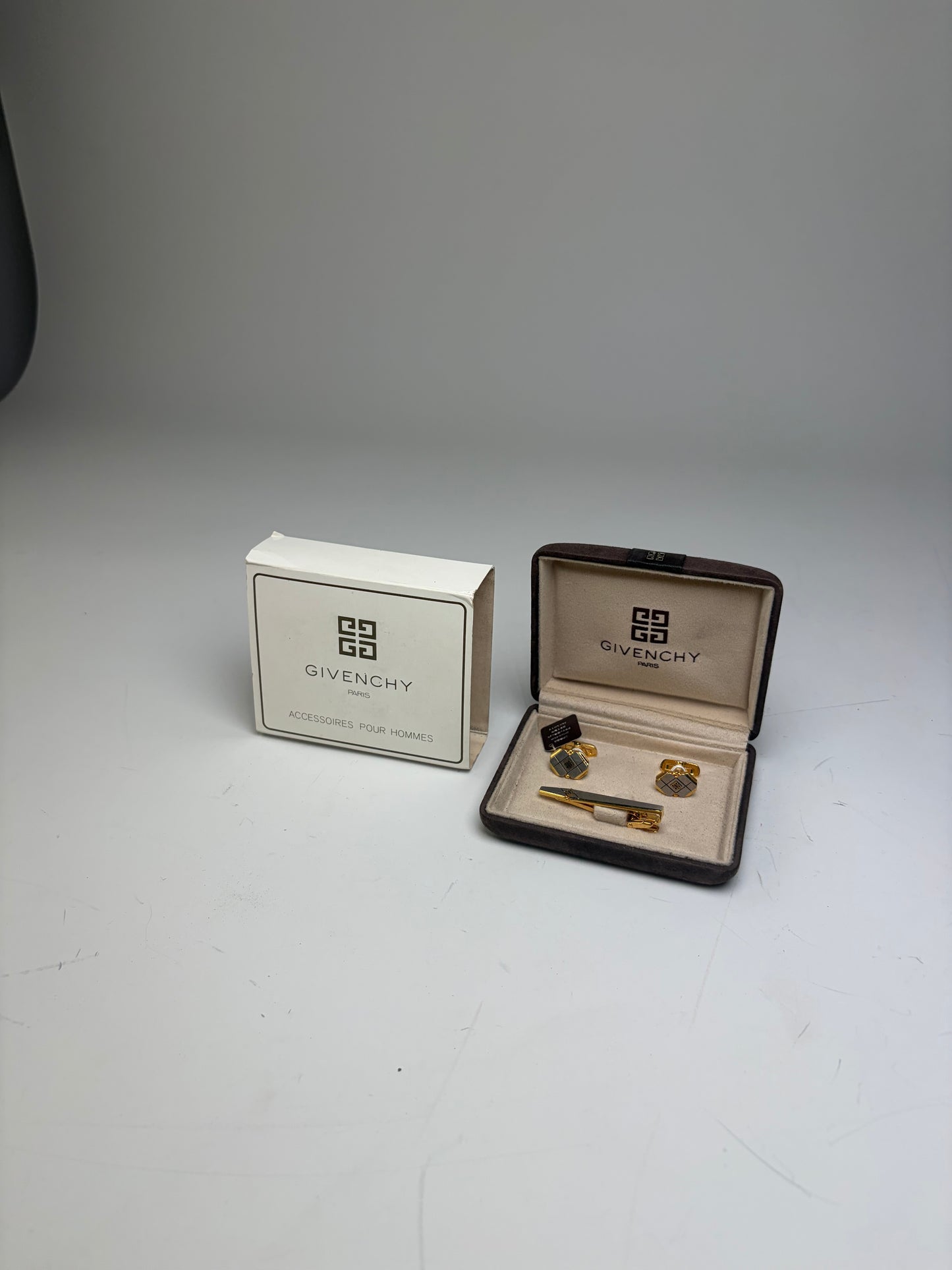 Vintage Givenchy Logo Cufflinks and Tie Clip Set Gold Silver