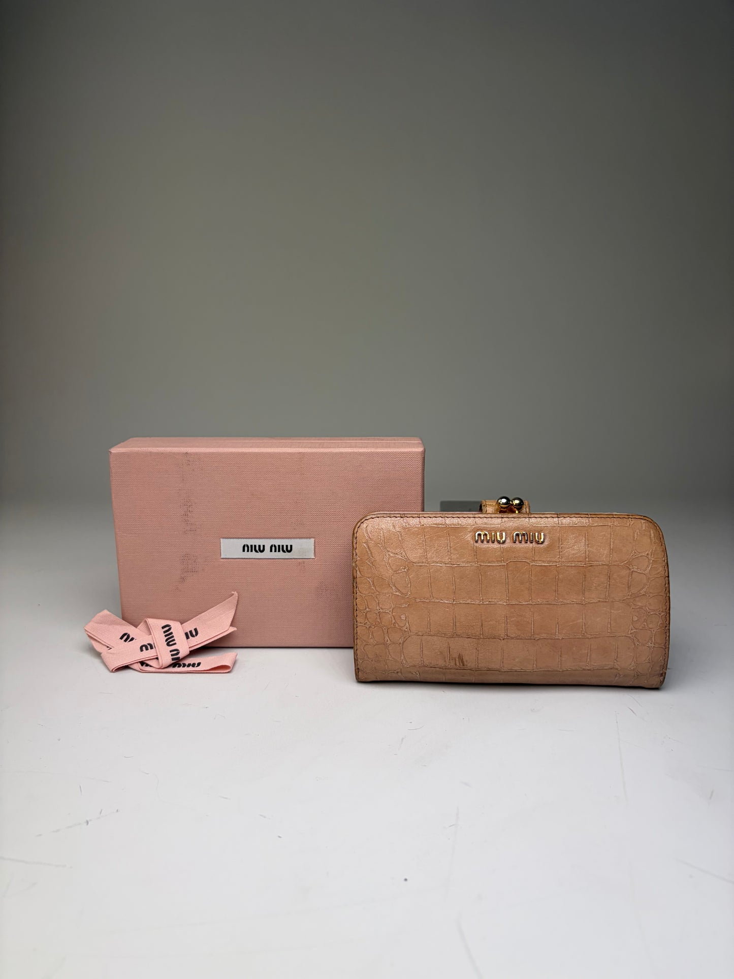 Vintage Miu Miu Cocco Lux Leather Wallet Beige Gold