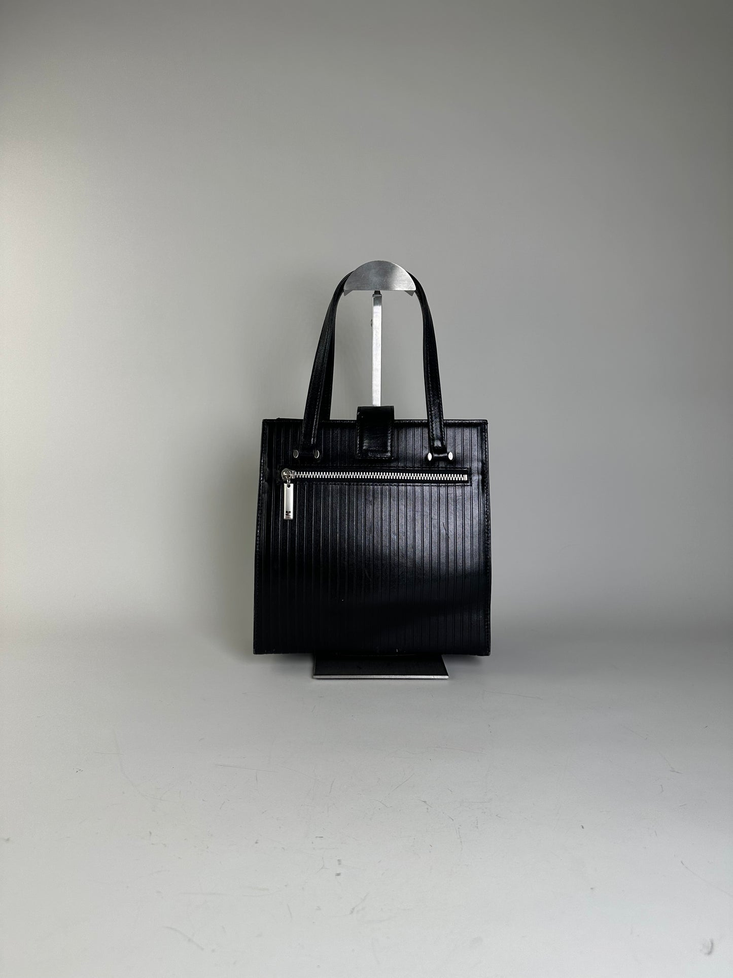 Vintage Courreges Ribbed Leather Handbag Black Silver