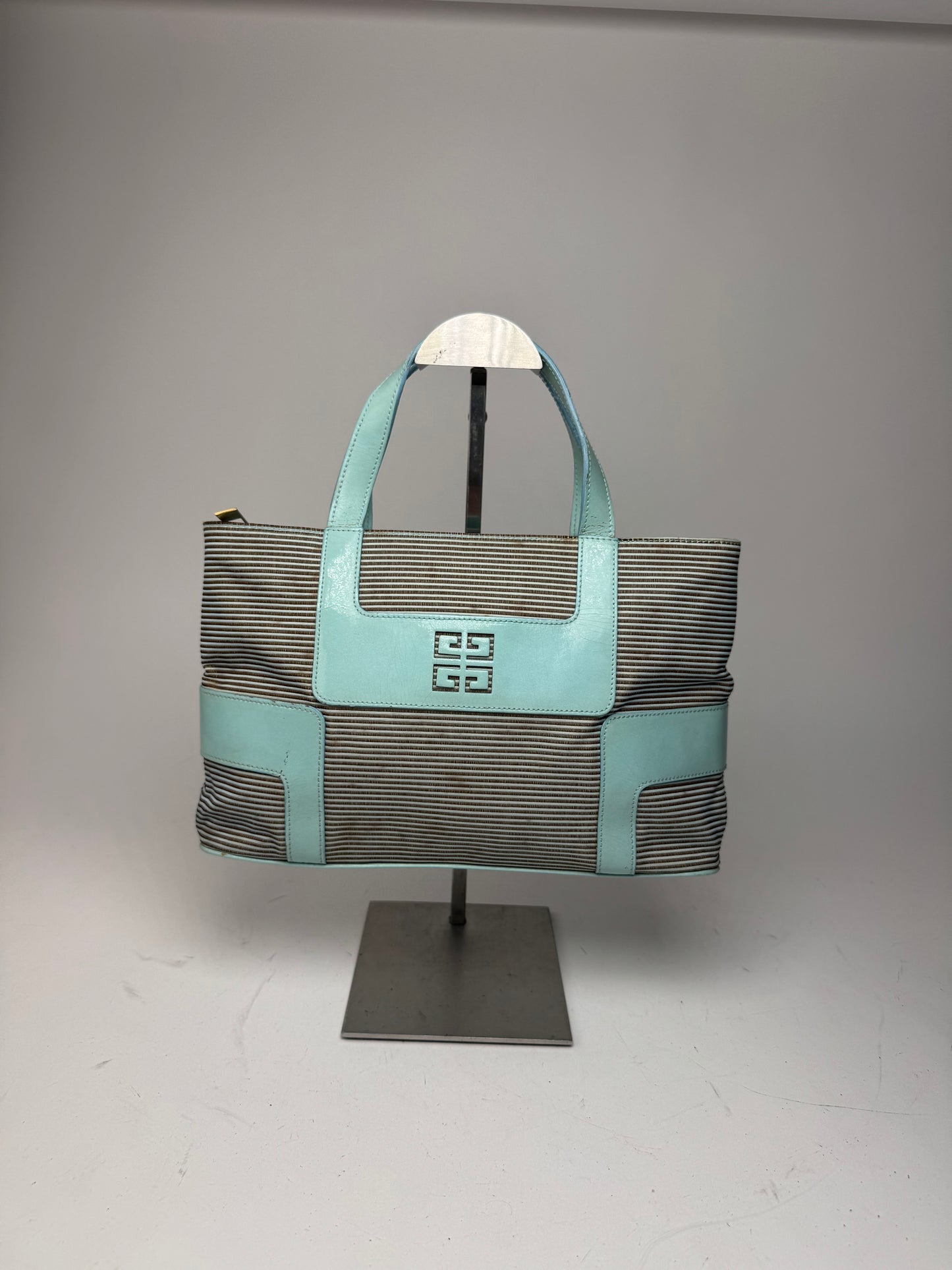 Vintage Givenchy Leather Canvas Bag Turquoise Brown