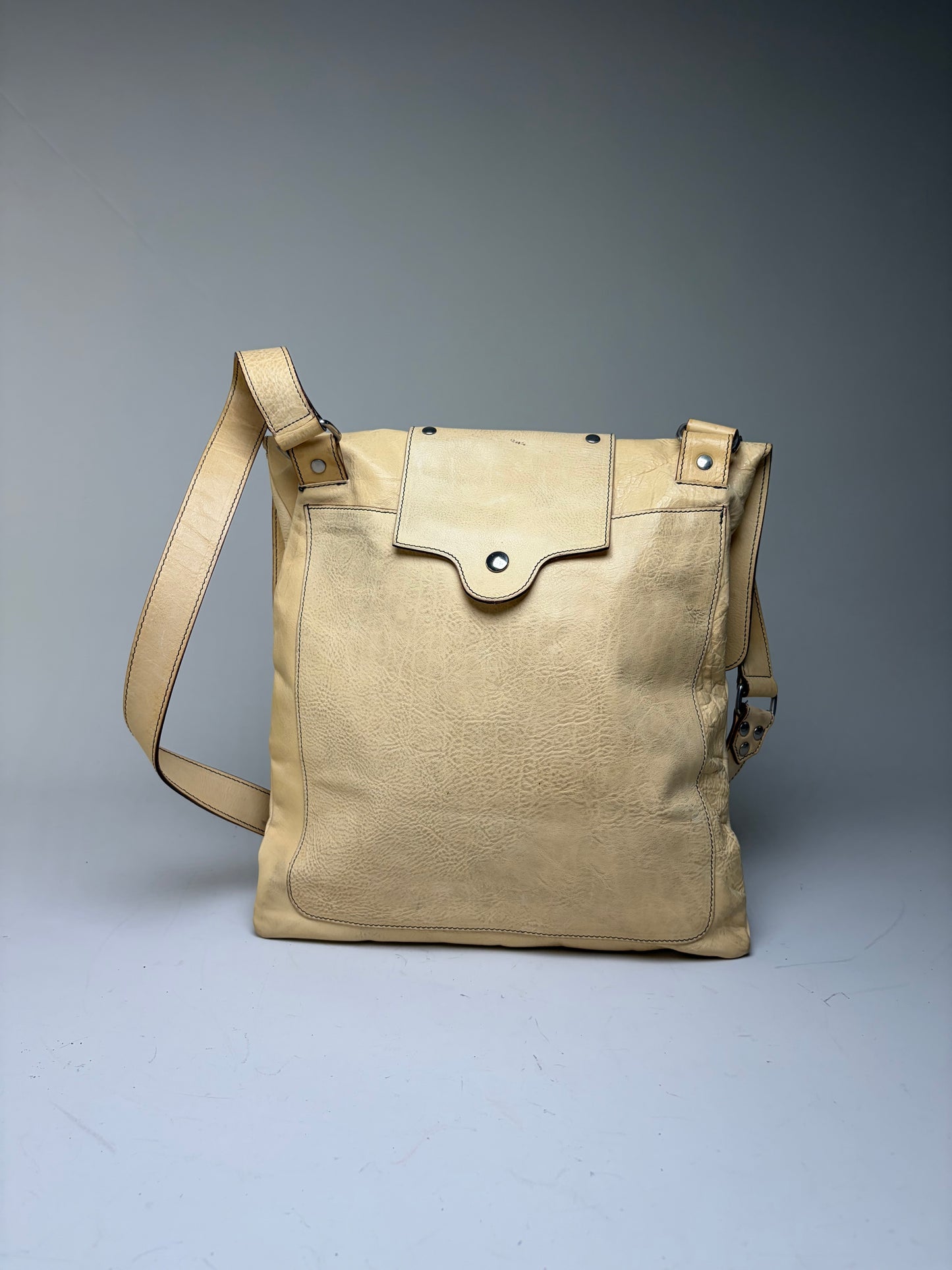 Vintage Marni Studded Textured Leather Flap Crossbody Bag Cream Silver