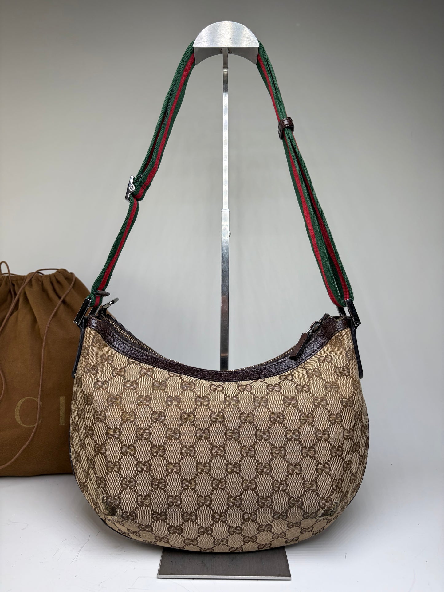 Vintage Gucci GG Monogram Chain Shoulder Bag Beige Brown