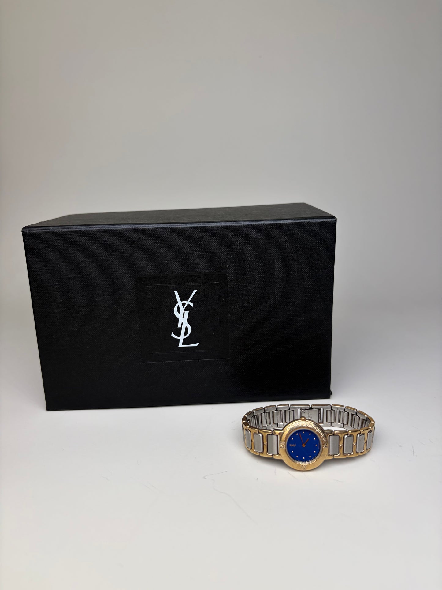 Vintage Yves Saint Laurent Bracelet Watch Blue Gold Silver