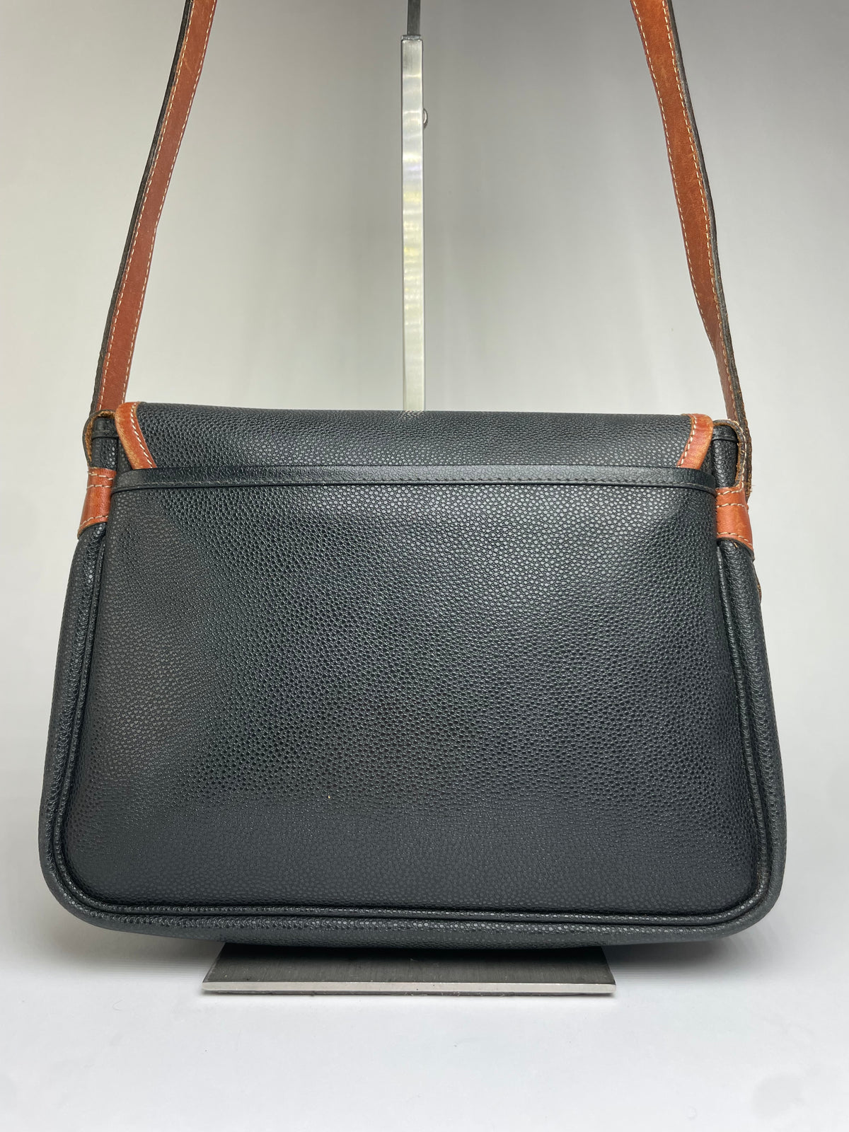 Vintage Courrèges Pebbled Leather Flap Crossbody Bag Late 1970s Black Brown