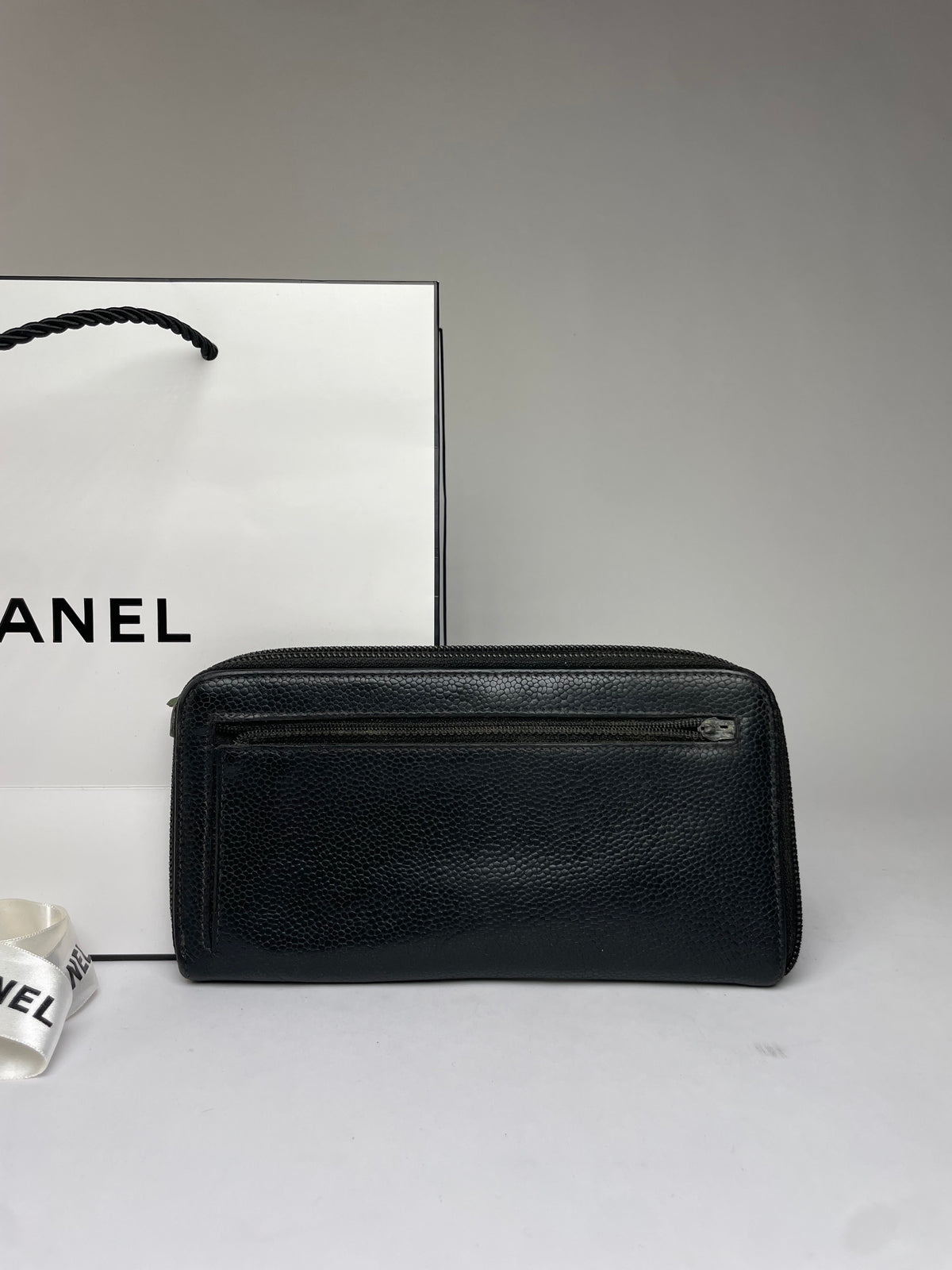 Vintage Chanel Pebbled Leather Zip Wallet Black Silver