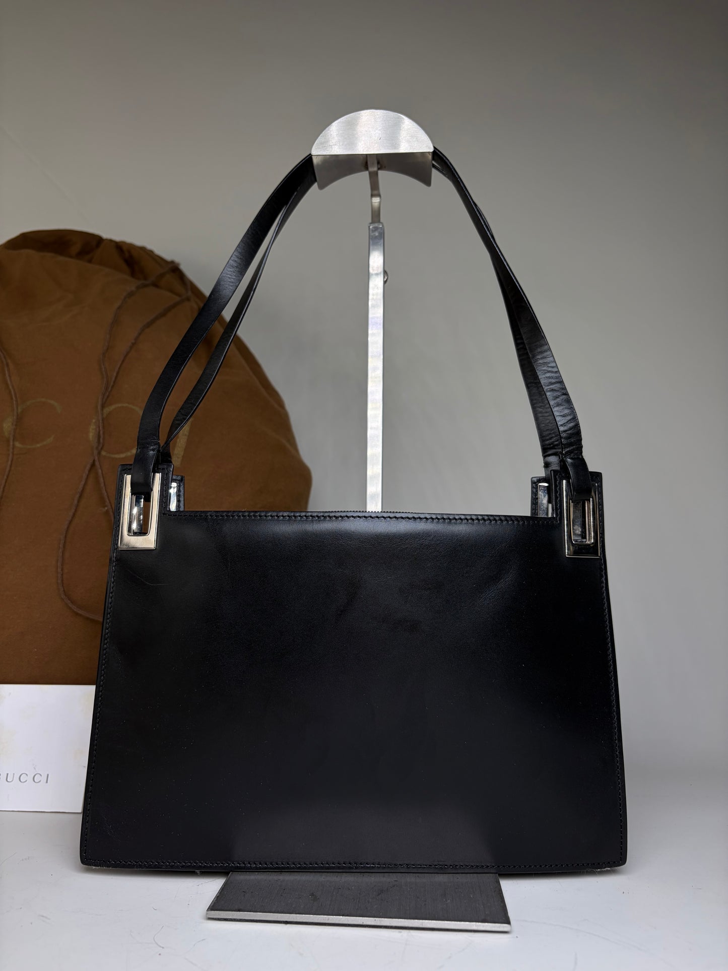 Vintage Gucci Smooth Leather Top-Handle Bag Black Silver